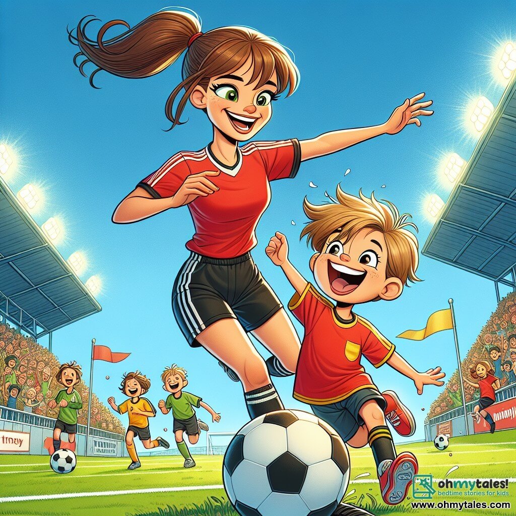 Mia, an athletic young woman with brown hair in a ponytail, wears a red jersey and black shorts. She has a big smile on her face, showing her determination and joy as she dribbles a soccer ball on the field. Next to her, Timmy, a 7-year-old boy with messy blonde hair, wears an oversized yellow soccer jersey. He laughs as he tries to mimic Mia's moves, arms outstretched, ready to chase the ball. The setting is a green soccer field, surrounded by enthusiastic spectators in the stands, with waving flags and a bright blue sky. The scene depicts Mia teaching Timmy how to dribble, filled with laughter and a joyful atmosphere, illustrating the spirit of friendship and sharing around soccer.