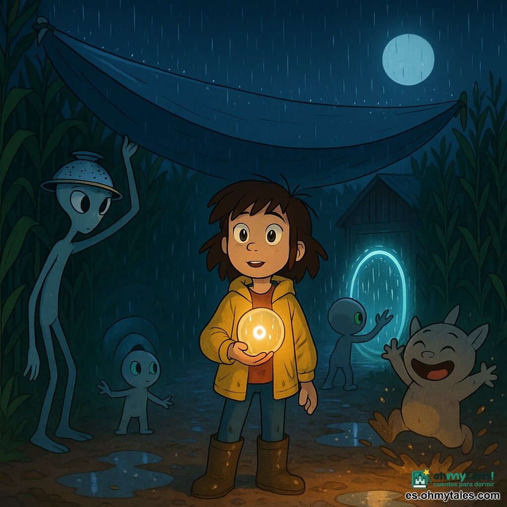 Vera, niña de 12 años, valiente y asombrada, pelo castaño despeinado, chaqueta amarilla mojada y botas de goma embarradas, sostiene una pequeña esfera transparente luminosa que hace "tic-tic"; Lumo, extraterrestre pequeño y serio de piel gris y ojos redondos color esmeralda, extiende las manos hacia una puerta circular de luz en el maíz, detrás de Vera; Nari, extraterrestre curioso y delgada con un objeto en forma de colador en la cabeza, toca suavemente el borde de una lona a la izquierda; Bex, extraterrestre más compacto y juguetón, con un aparato luminoso en el suelo que emite un halo cálido, salta salpicando en un charco a la derecha; lugar: camino de tierra nocturno al borde de un maizal denso, luna baja reflejada en varios charcos, lluvia fina y gotas visibles, viejo cobertizo de madera con techo de chapa al fondo; situación: bajo una gran lona empapada tendida entre las plantas, protegen una puerta vibrante de luz circular mientras la lluvia forma anillos en las pozas; estilo visual: colores contrastados y saturados, reflejos plateados en el agua, texturas de barro detalladas, trazos suaves y expresivos, atmósfera mágica y nocturna, composición centrada en la esfera luminosa y la puerta de luz.