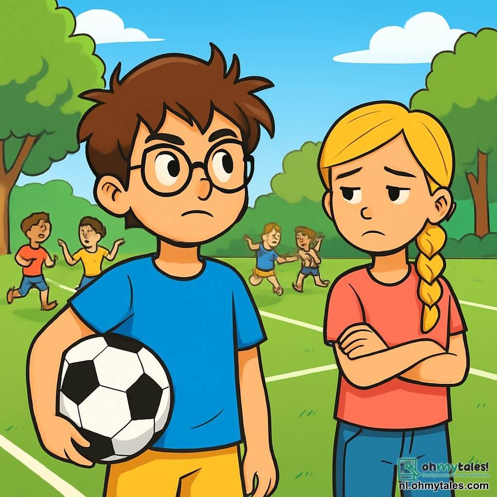 Een 12-jarig jongetje, Lucas, met rommelig bruin haar en een bril, kijkt om zich heen met een nieuwsgierige en vastberaden uitdrukking. Hij draagt een felblauw T-shirt en een gele short, terwijl hij een voetbal onder zijn arm houdt. Naast hem staat zijn beste vriendin Sara, een 12-jarig meisje met lang, gevlochten blond haar, in een roze T-shirt en een spijkerbroek. Ze heeft een verdrietige blik, met gekruiste armen, en staat iets op de achtergrond de scène te observeren. De scène speelt zich af op een buitensportveld, omringd door grote groene bomen en een stralende blauwe lucht. Witte lijnen markeren het voetbalveld en in de verte spelen kinderen, lachend en rennend. Lucas staat in het midden, nadenkend over hoe hij gelijkheid tussen jongens en meisjes kan verdedigen, terwijl de andere kinderen hun teams kiezen zonder aandacht voor Sara. De sfeer is zowel vrolijk als een beetje gespannen, wat het contrast tussen het plezier van het spel en Lucas' bewustzijn illustreert.