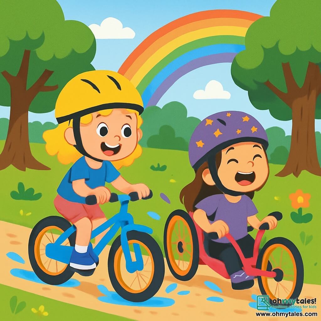There are 2 main characters: - Lucy: an 8-year-old girl with curly blonde hair, wearing a blue t-shirt and pink shorts. She is on her blue bike, smiling, with a yellow helmet on her head. - Mia: an 8-year-old girl with straight brown hair, wearing a purple t-shirt and black pants. She is in her pink handcycle, with a purple helmet decorated with stars, laughing joyfully. The setting is a lush park with tall trees and shiny green leaves. The ground is covered with fresh, soft grass, and colorful flowers dot the landscape. White clouds float in a light blue sky, while a bright rainbow appears after a light rain. The main scene shows Lucy and Mia racing enthusiastically on their bikes, splashing water from small puddles on the path. They are surrounded by other children cheering them on, creating a joyful and festive atmosphere.