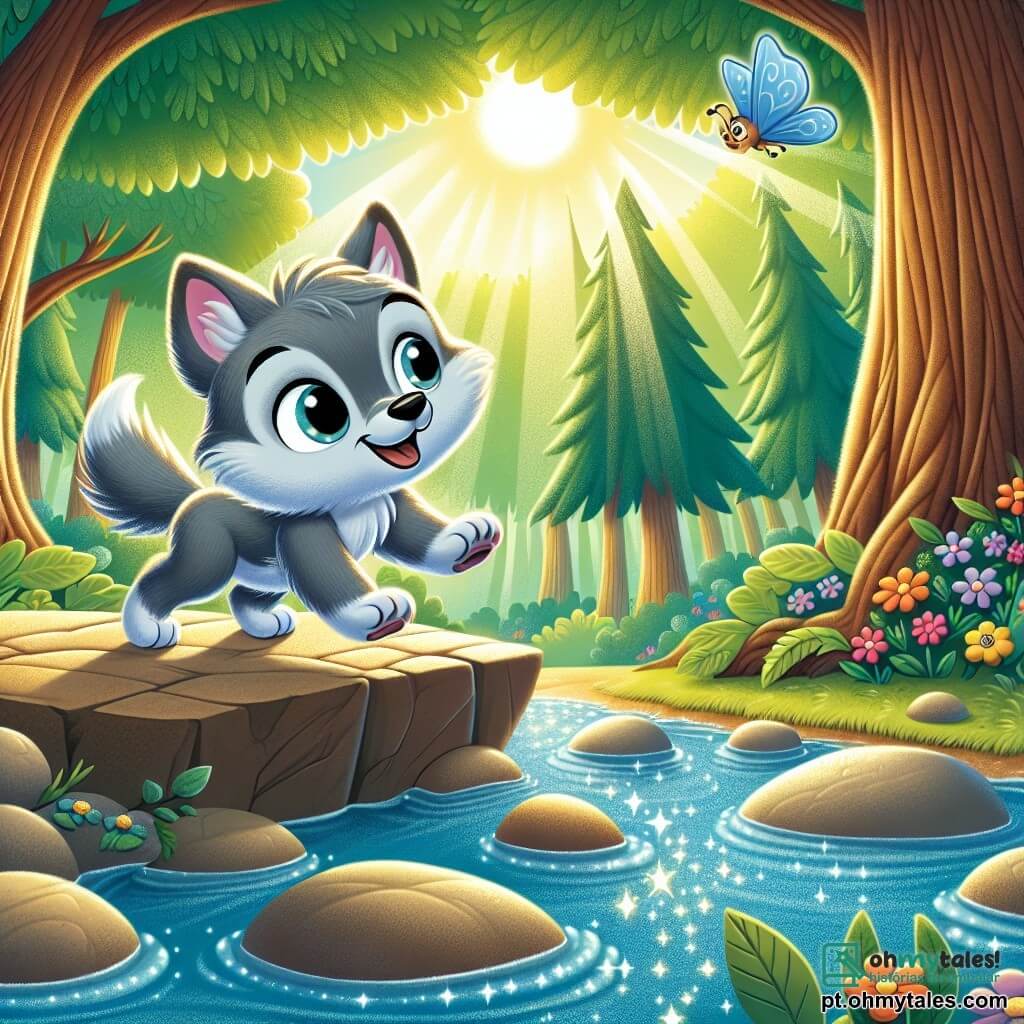 Um lobo cinza, chamado Lupi, com pelagem macia e olhos brilhantes de curiosidade, está em uma pedra à beira de um largo e cintilante riacho. Ele tem uma expressão alegre e determinada, pronto para pular. Ao seu lado, uma pequena borboleta azul com asas brilhantes voa ao redor de sua cabeça, incentivando Lupi com entusiasmo. A cena ocorre em uma floresta verdejante, onde grandes árvores com troncos robustos se erguem, cercadas de flores coloridas e folhas dançando ao vento. Lupi, com coragem, se prepara para pular de uma pedra para a outra para atravessar o riacho, enquanto raios de sol filtram através dos galhos, iluminando a paisagem com uma suave luz dourada.