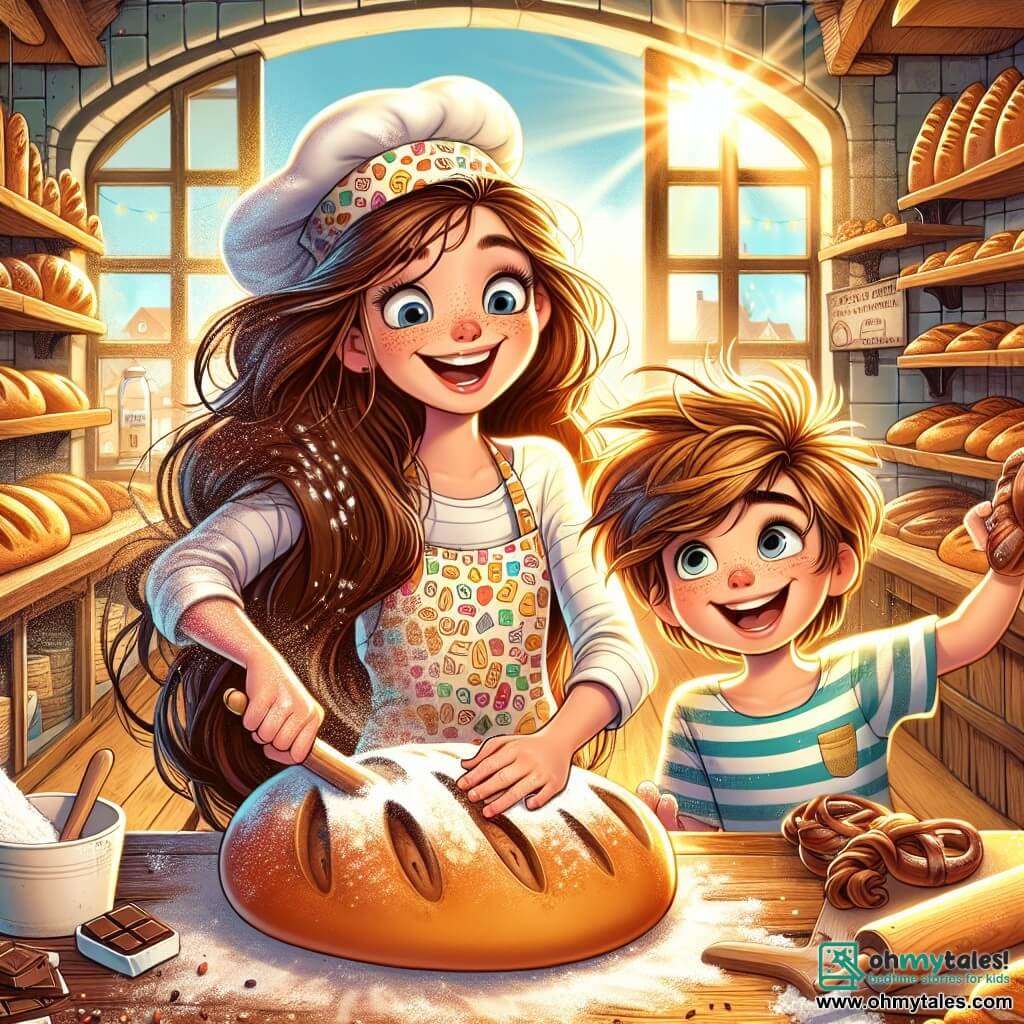 In a warm and lively bakery, a young woman named Lily, an apprentice baker, is at the center of the image. She has long, messy brown hair sprinkled with flour and wears a colorful apron with bread patterns. Her face radiates joy and excitement as she kneads a golden dough, her hands covered in flour. Next to her, a little boy named Max, about 8 years old, watches with sparkling eyes of curiosity. He has tousled blonde hair and wears a striped t-shirt. Max holds a small piece of chocolate in his hand, ready to add it to the dough, and smiles enthusiastically. The bakery is filled with warmth and bright colors: wooden shelves loaded with golden breads, decorated cakes, and crispy croissants. Sunlight filters through the windows, creating a welcoming and cheerful atmosphere. The main scene shows Lily and Max mixing ingredients to create a delicious chocolate bread dough. The happiness on their faces illustrates the magic of culinary creation and the friendship developing between them.