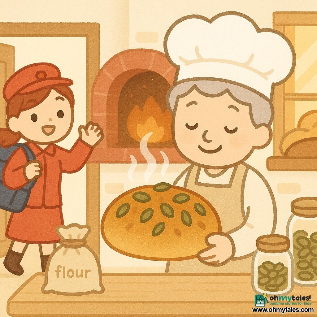 A smiling, serene male baker with soft gray hair, a tall white hat and a flour-stained beige linen apron holds a steaming golden pumpkin-seed loaf in a gentle, welcoming pose; a woman postal worker of about 30 in a red uniform with a blue backpack stands in the bakery doorway to his left, smiling and waving; on a light wooden counter are a small sack of flour and glass jars of seeds, a large open red-brick oven behind emits heat and warm light rays through a clean display, the baker is taking the bread from the oven and sharing a piece—warm ochre, cream and orange palette, rounded simplified shapes and visible textures: shiny crust, dark green seeds, white flour dust.