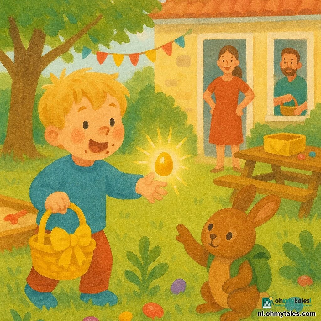 Een blije 4-jarige jongen met verward blond haar en chocoladevlek bij de mond houdt een geel mandje met lint en reikt naar een klein glanzend gouden ei op een lage tafel; een bruin konijntje met een mini-rugzakje bij een lage plant wijst met zijn poot naar het ei; een moeder glimlacht bij de deur met opgestoken haar en handen in de zij, een vader met lichte baard staat in de keuken met een klein rieten mandje; lichte lentetuin met groen gras, grote bladrijke boom links, zandbak met rode schep, picknicktafel rechts, kleurrijke slingers, lege doos met gele doek en verspreide gekleurde chocolade-eieren; magisch rustig moment, warme zonnestraal verlicht het gouden ei en creëert glanzende vlekjes, zachte welkomende sfeer in pasteltinten met zichtbare gouachetexturen.