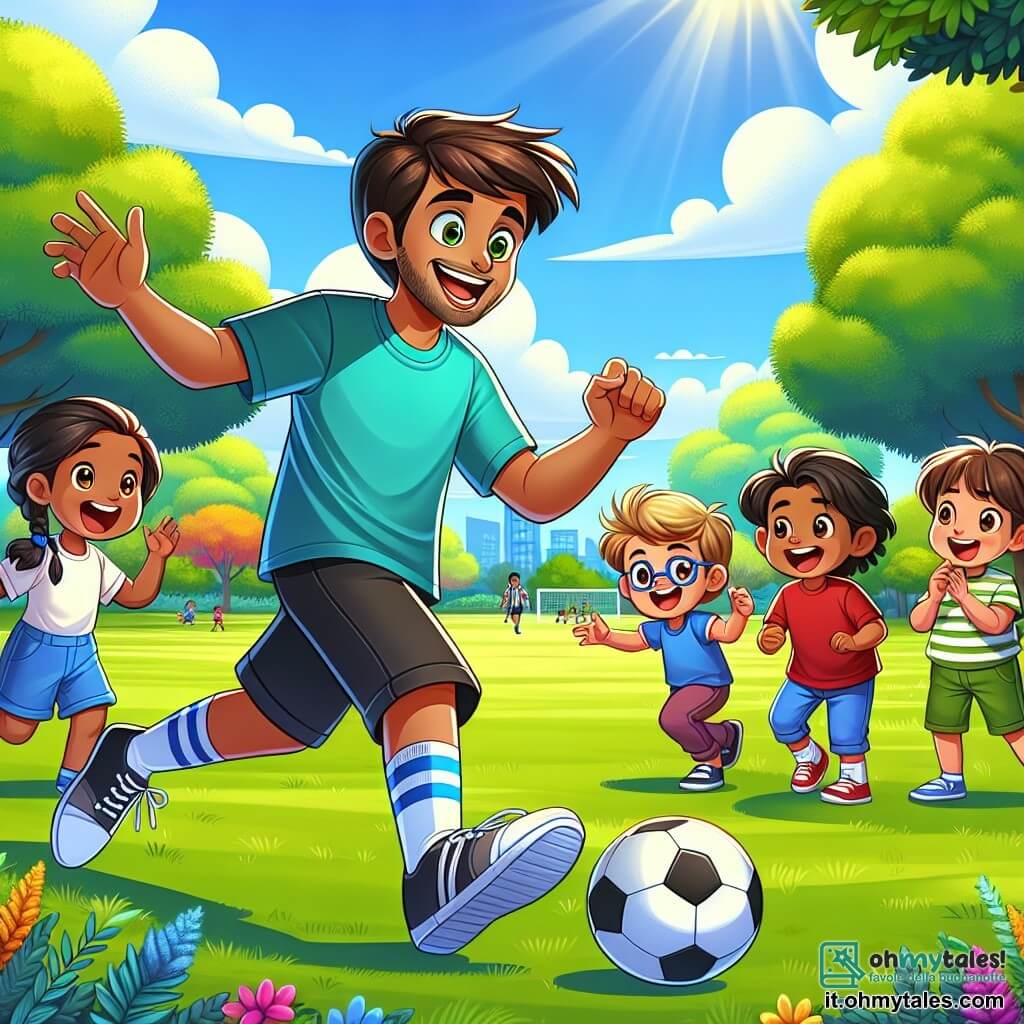Marco, un uomo di circa trent'anni con capelli castani e occhi brillanti di gioia, si trova al centro di un parco soleggiato, con un ampio sorriso sul volto mentre dribbla un pallone da calcio con facilità. Indossa una maglietta blu e pantaloni corti neri, e il suo entusiasmo risplende mentre mostra ai bambini come giocare. Attorno a lui, un gruppo di quattro bambini è affascinato dalla sua dimostrazione. Toni, un ragazzo di 10 anni con capelli biondi disordinati e una maglietta rossa, cerca di imitare Marco, ridendo dei suoi tentativi goffi. Accanto a lui, Luca, un ragazzo di 9 anni con occhiali e un sorriso timido, osserva attentamente, con gli occhi pieni di ammirazione. Una ragazza, Sofia, di 8 anni con trecce e una canotta rosa, applaude esclamando di gioia, mentre un altro ragazzo, Matteo, di 11 anni, con capelli castani e pantaloni corti verdi, si prepara a prendere il pallone per tentare un tiro. Il luogo è un parco verdeggiante, con alberi maestosi e fiori colorati, sotto un cielo blu chiaro e un sole splendente che illumina la scena, creando un'atmosfera gioiosa e dinamica. La situazione principale mostra Marco che insegna ai bambini tecniche di calcio, incoraggiandoli a divertirsi mentre imparano, con risate e grida di eccitazione che risuonano nell'aria.