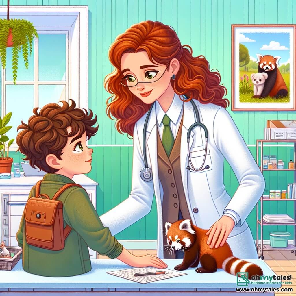 Dr. Emily Carter is a veterinarian in her thirties, with curly brown hair and sparkling compassionate eyes. She wears a white coat and a stethoscope around her neck, gently leaning over an adorable injured red panda, speaking to it in a soothing voice, her face showing both focus and tenderness. Next to her is Oliver, a twelve-year-old boy with messy brown hair and curious bright eyes, watching in admiration. He wears an oversized veterinary coat and holds a notebook, ready to jot down his observations. The scene takes place in a bright and welcoming veterinary clinic with pastel green walls, animal posters, and green plants adding a touch of nature. Medical equipment is neatly arranged, and a large window lets in daylight. In this illustration, Dr. Emily cares for the red panda lying on an examination table, while Oliver, amazed, takes notes, capturing the magical moment where compassion and science meet to save a distressed animal.