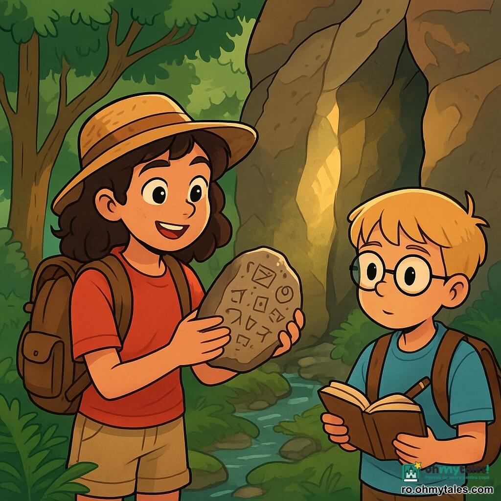 O tânără exploratoare, Maria, o fată de 12 ani cu părul castaniu și creț, poartă o pălărie de paie și un rucsac plin cu unelte de explorare. Fața ei exprimă uimire și determinare, iar ochii îi strălucesc de entuziasm în timp ce examinează o piatră veche gravată cu simboluri misterioase. Lângă ea, un băiețel de 10 ani, prietenul ei Lucas, cu părul blond și ochelari rotunzi, privește cu curiozitate, ținând un caiet în care ia notițe. Se află la marginea unei fante naturale între două stânci mari, unde lumina soarelui pătrunde, iluminând detaliile inscripțiilor de pe pietre. Locul este o pădure verde, cu copaci majestuoși și ferigi luxuriante, în timp ce un pârâu murmură în apropiere. Situația principală arată cum Maria și Lucas descoperă împreună un vechi aliniament de pietre, captivați de frumusețea și misterul mediului lor.