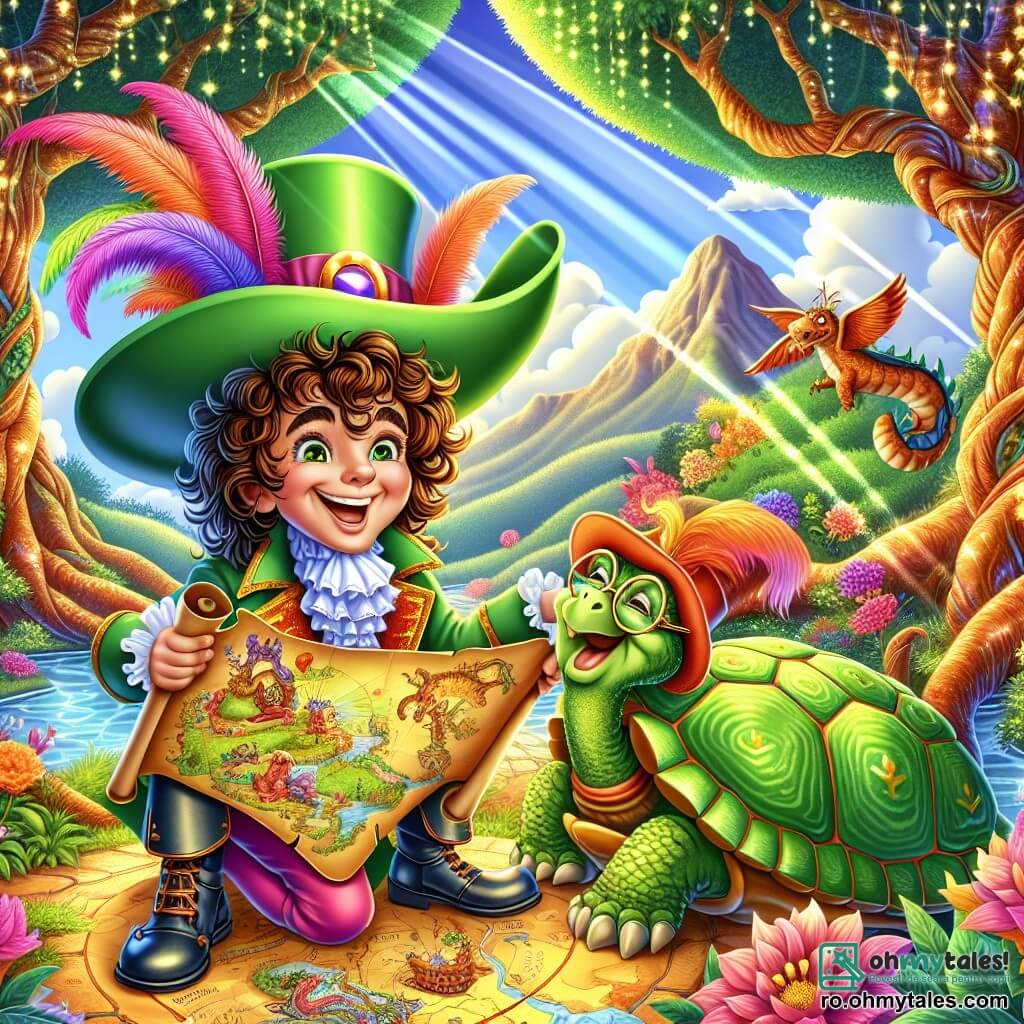 Un prin vesel, numit Prințul Pălărie, poartă o pălărie mare și colorată verde, împodobită cu pene de flamingo. Are părul creț și ochi strălucitori de năzdrăvănie, zâmbind larg în timp ce ține o hartă a comorii în mâini. Lângă el, o broască țestoasă înțeleaptă, cu o carapace verde și ochelari rotunzi, citește o hartă mare cu ilustrații de dragoni și munți. Ea îl privește pe prinț cu curiozitate, așezată pe o piatră strălucitoare lângă un drum însorit. Decorul este o pădure fermecată, plină de copaci cu trunchiuri răsucite și flori strălucitoare. Razele soarelui filtrează printre frunze, creând modele luminoase pe sol. La distanță, Muntele Ciufulit se profilează, cu vârfuri acoperite de nori pufoși. Situația principală arată prințul și broasca țestoasă discutând, prințul indicând spre munte, în timp ce broasca îl ascultă cu atenție, pregătită să-l ajute în căutarea coroanei regatului.