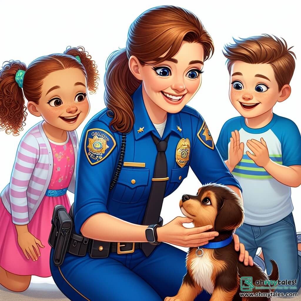 In the center of the image is Officer Lucy, a smiling woman in her 30s wearing a bright blue police uniform with a shiny badge on her chest. Her brown hair is tied back in a ponytail, and her eyes sparkle with determination and kindness. She is crouching, holding a small brown puppy in her arms, looking at it tenderly as she removes its tight collar. Next to her, Mia, a 7-year-old girl with curly blonde hair and a pink dress, kneels to pet the puppy. Her face is lit up with a big smile, showing her enthusiasm and joy in helping. A little further away, Ben, a 6-year-old boy with short brown hair wearing a blue t-shirt, watches with admiration. He raises his arms in the air, expressing his joy and seems ready to applaud. The scene takes place in Willow Creek Park, a sunny spot with lush trees, colorful flowers, and a gravel path. Children can be seen playing in the distance, while a wooden bench is visible in the background. The main situation shows Officer Lucy, Mia, and Ben united in a moment of solidarity and compassion as they help the lost puppy find its way home, illustrating the importance of teamwork and kindness.