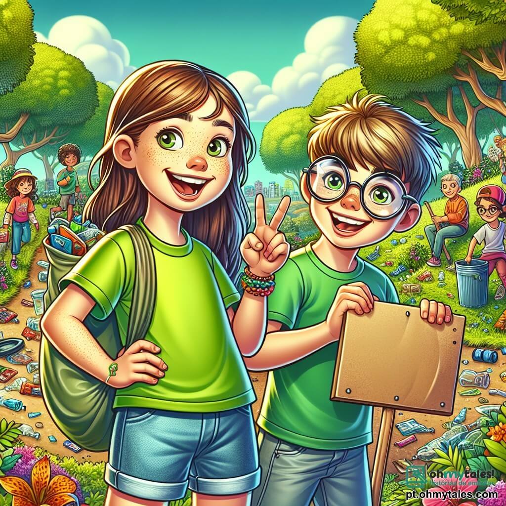 Uma menina de 12 anos, chamada Sofia, com longos cabelos castanhos e olhos brilhantes de curiosidade, sorri entusiasticamente segurando um saco de lixo que acabou de pegar. Ela veste uma camiseta verde vibrante e um short de jeans, mostrando seu compromisso com a ecologia. Ao seu lado, Lucas, um garoto de 12 anos com cabelos castanhos e óculos redondos, a incentiva com um grande sorriso, segurando um cartaz de papelão com a inscrição "Protejamos nosso parque!". O local é um parque verdejante, repleto de árvores majestosas com folhas brilhantes, flores coloridas e um gramado bem cuidado, mas com pedaços de lixo espalhados pelo chão. A cena principal mostra Sofia e Lucas em ação, cercados por outras crianças e adultos, todos unidos para limpar o parque, rindo e trocando ideias sobre reciclagem, criando assim uma atmosfera alegre e dinâmica.