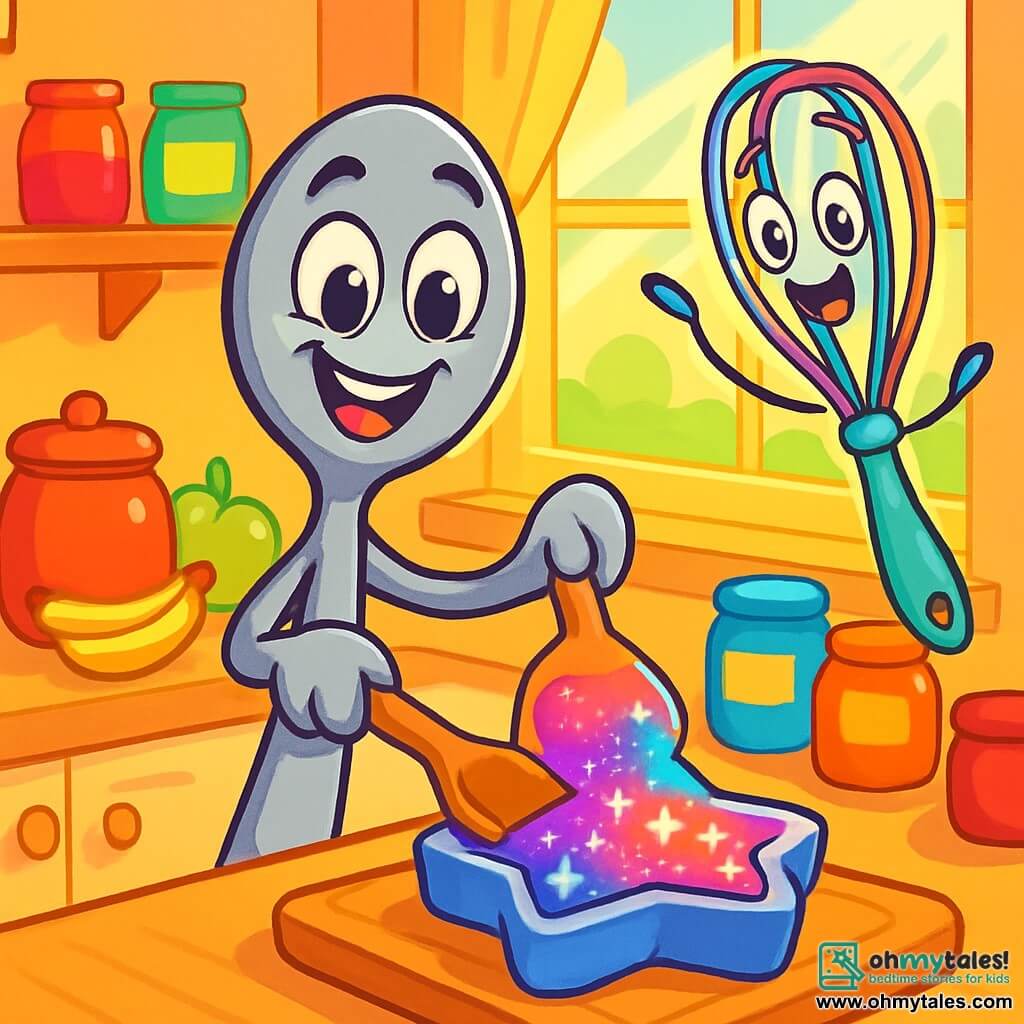 A small smiling spoon named Sammy, with sparkling eyes and a big smile, stands in the center of the kitchen holding a wooden spatula. He is enthusiastic and determined, pouring shimmering jelly into a star-shaped mold. Next to him, a cheerful whisk named Whizzy, with colorful spirals and a friendly face, dances in the air, expressing joy and excitement. The kitchen is bright and welcoming, filled with colorful jars, fresh fruits, and sunlight filtering through the window. Sammy and Whizzy are preparing a special surprise for Father's Day, creating a magical jelly that shines like stars, filled with vibrant colors and happiness.
