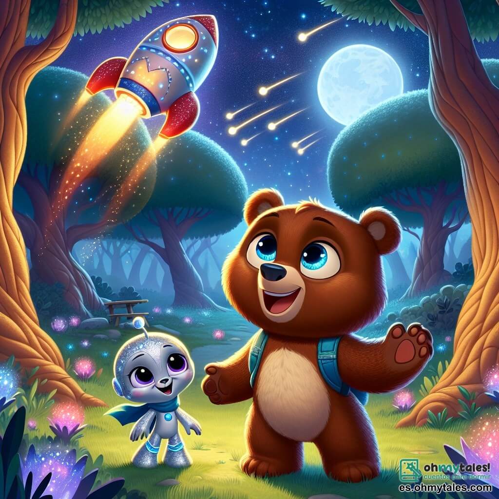En un claro encantado, un oso pardo llamado Tito, con ojos brillantes de curiosidad, mira asombrado una nave espacial brillante, con colores vivos y luces centelleantes. Tito, con su suave pelaje y grandes patas, expresa una alegría contagiosa, con los brazos abiertos como si quisiera abrazar el universo. A su lado, Zuri, una pequeña criatura extraterrestre de ojos brillantes y piel plateada, lleva una bufanda azul. Ella sonríe con entusiasmo, señalando las estrellas que brillan sobre ellos, lista para compartir sus conocimientos sobre el espacio. El lugar es un claro mágico, rodeado de grandes árboles con troncos retorcidos y hojas luminosas, con un cielo nocturno lleno de estrellas y una luna plateada que ilumina la escena con una suave luz. Tito y Zuri, asombrados, están frente a la nave espacial, listos para embarcarse en una aventura intergaláctica, mientras estrellas fugaces cruzan el cielo, añadiendo un toque de magia a su encuentro.