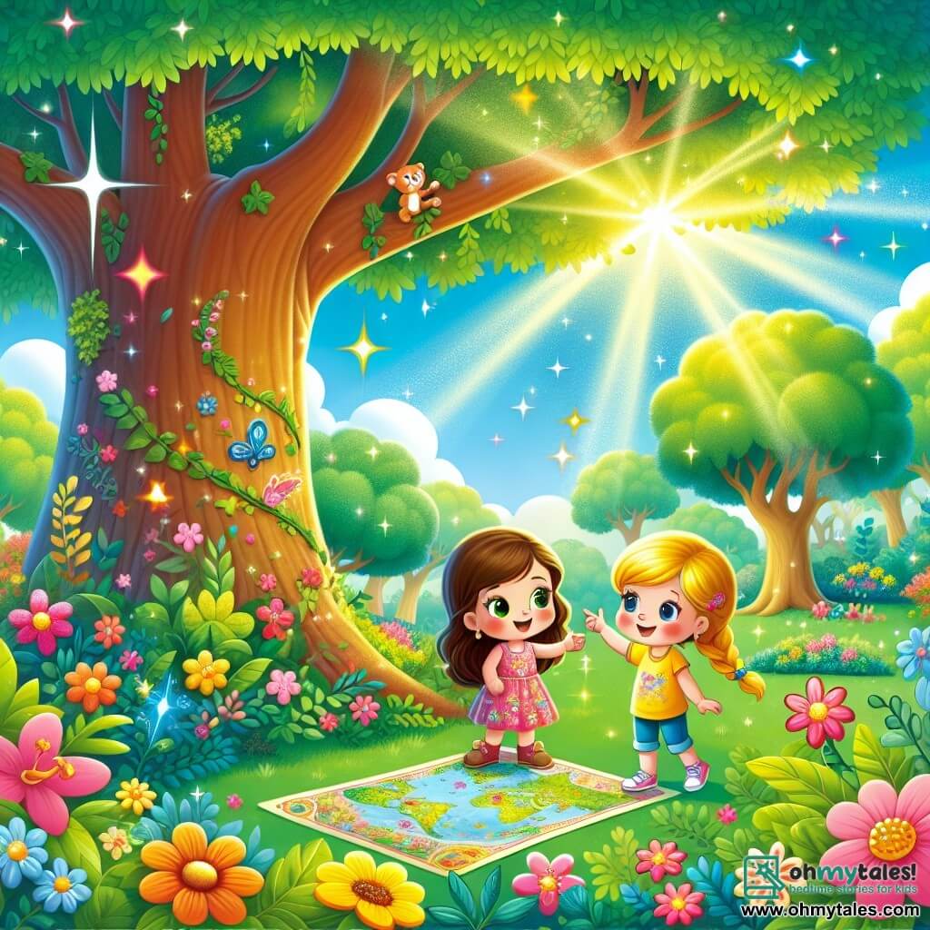 Two little girls, Mia and Ava, are at the center of the image. Mia, 6 years old, has long brown hair and is wearing a pink dress with flowers. She is standing and pointing at a large majestic tree to her right. Ava, also 6, has braided blonde hair and is wearing a yellow t-shirt and blue shorts. She is crouched down, examining a colorful flower at her feet. The setting is a sunny park filled with lush greenery. Sunlight filters through the leaves, creating bright patterns on the ground. In the background, there is a clear blue sky with fluffy clouds. The main scene shows Mia and Ava discovering a shiny treasure map, with twinkling stars around them, symbolizing their exciting adventure. They are surrounded by colorful flowers and curious animals, ready to join them on their quest.