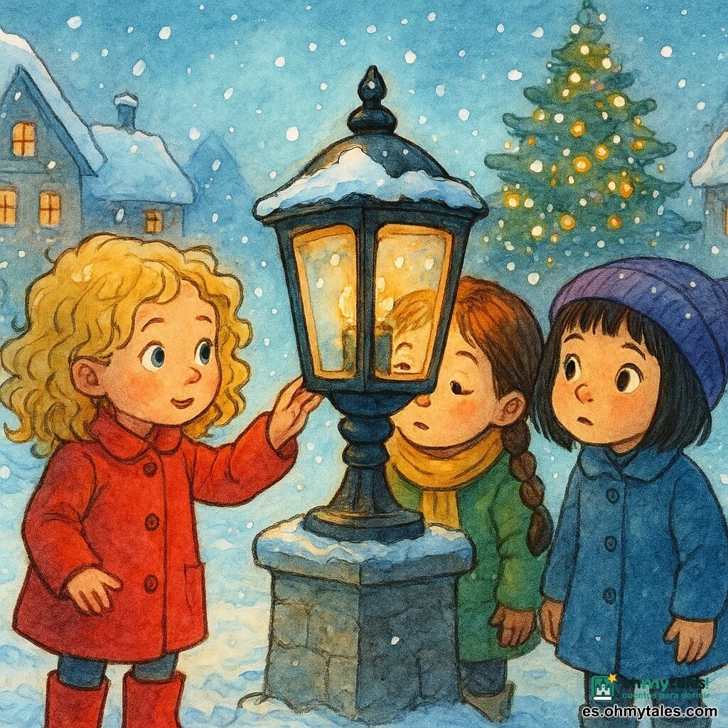 Hay 3 personajes: - Una niña llamada Luna, de 5 años, con cabello rubio rizado y ojos azules brillantes, lleva un abrigo rojo y botas de goma. Está de pie a la izquierda, tocando suavemente el vidrio del farol. - Una niña llamada Rosa, de 5 años, con cabello castaño en dos trenzas y mejillas rosadas, vestida con un abrigo verde y una bufanda amarilla. Está en el centro, con la oreja pegada al metal del farol. - Una niña llamada Paula, de 5 años, con cabello negro corto y ojos marrones curiosos, lleva un abrigo azul y un gorro violeta. Está a la derecha, mirando el farol con expresión de interrogante. El lugar es una pequeña plaza de pueblo nevada, rodeada de casas con techos cubiertos de nieve. En el centro hay un antiguo farol sobre un pedestal de piedra, rodeado de luces centelleantes y copos de nieve que caen suavemente. Un gran árbol de Navidad decorado con guirnaldas luminosas se alza en el fondo. La situación principal muestra a las tres niñas alrededor del farol, tratando de entender por qué no brilla. La escena está bañada en una luz suave y cálida, con reflejos dorados y azules de las decoraciones navideñas cercanas. Las expresiones de las niñas están llenas de curiosidad y determinación, mientras la nieve sigue cayendo pacíficamente a su alrededor.