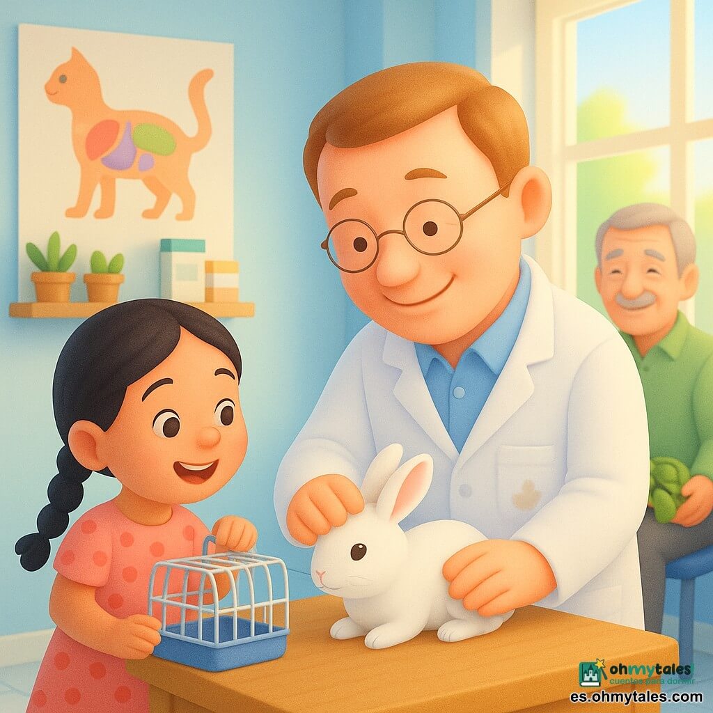 Un veterinario sonriente y amable, de rostro redondo, cabello castaño claro y gafas finas, con bata blanca ligeramente manchada de barro, acaricia suavemente un pequeño conejo blanco sobre una mesa de examen de madera; a la izquierda, Sofía, una niña de 7 años con trenza y vestido rosa de lunares, sostiene la jaula abierta y mira feliz al conejo; al fondo a la derecha, el señor Pedro, de unos 60 años, con cabello gris y bigote, camisa verde, sentado y sonriendo con una tortuga en el regazo; la clínica es una pequeña habitación luminosa de paredes azul pastel, grandes ventanas que dejan entrar el sol, póster de anatomía animal y una estantería de madera con frascos y cajas, creando un ambiente cálido, tranquilo y tierno.