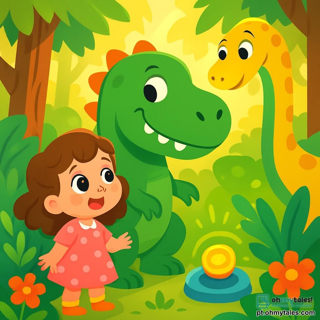 Uma menina de 4 anos, Sofia, com grandes olhos brilhantes e cabelos cacheados castanhos, observa com admiração um enorme dinossauro verde à sua frente. Ela usa um vestido rosa com bolinhas brancas e suas bochechas estão rosadas de excitação. Perto dela, um dinossauro de pescoço longo, com manchas amarelas, se inclina para observá-la, com olhos curiosos e amigáveis. O cenário é uma floresta pré-histórica luxuriante, cheia de árvores gigantes com troncos grossos e folhas enormes, iluminadas por uma luz dourada que filtra através da folhagem. Flores coloridas e samambaias cercam Sofia, adicionando um toque de magia ao ambiente. Sofia acabou de pressionar um botão brilhante de uma máquina do tempo e está maravilhada com este mundo antigo onde os dinossauros vivem livremente.
