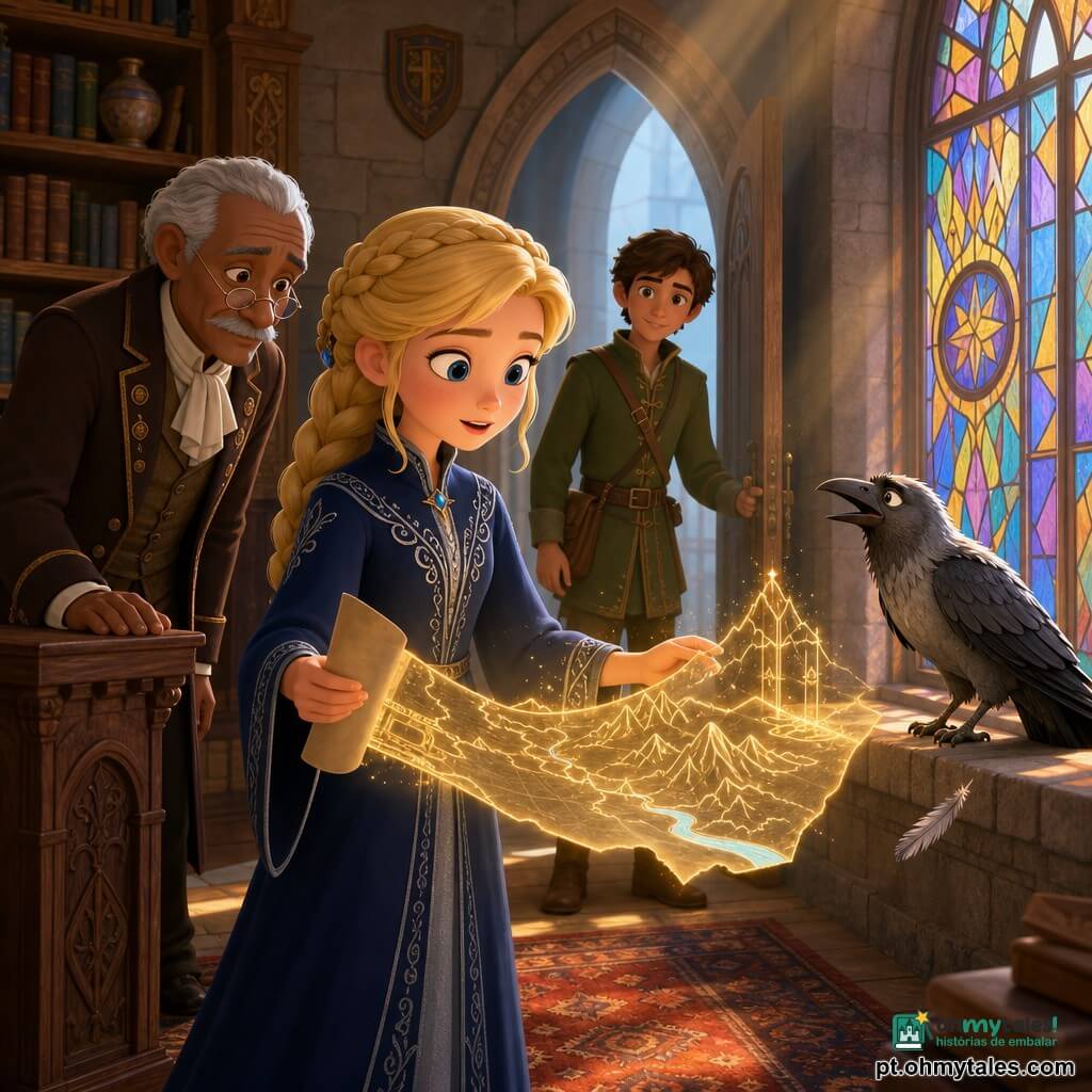 Princesa de cerca de 12 anos, cabelos loiros trançados, vestido azul-escuro com bordados prateados, rosto doce e curioso, segura um pergaminho que cintila com linhas douradas e o contempla maravilhada; Tomás, criado de uns 60 anos, cabelos grisalhos e pequena moustache, traje de mordomo castanho, inclinado atrás dela com a mão num púlpito de madeira; príncipe de ~13 anos, cabelos castanhos curtos, roupa de viagem verde-musgo, fica na ombreira de uma porta observando timidamente; um corvo de penas prateadas pousa no parapeito com uma pena caindo a seus pés, bico entreaberto; cenário: biblioteca do castelo iluminada por manhã enevoada, estantes de carvalho, tapete persa avermelhado, grandes janelas com vitrais e parapeito de pedra onde repousa o pergaminho; situação: a princesa revela um mapa luminoso que projeta linhas douradas no ar, a poeira ao sol forma raios suaves, atmosfera de mistério caloroso e convite à aventura.