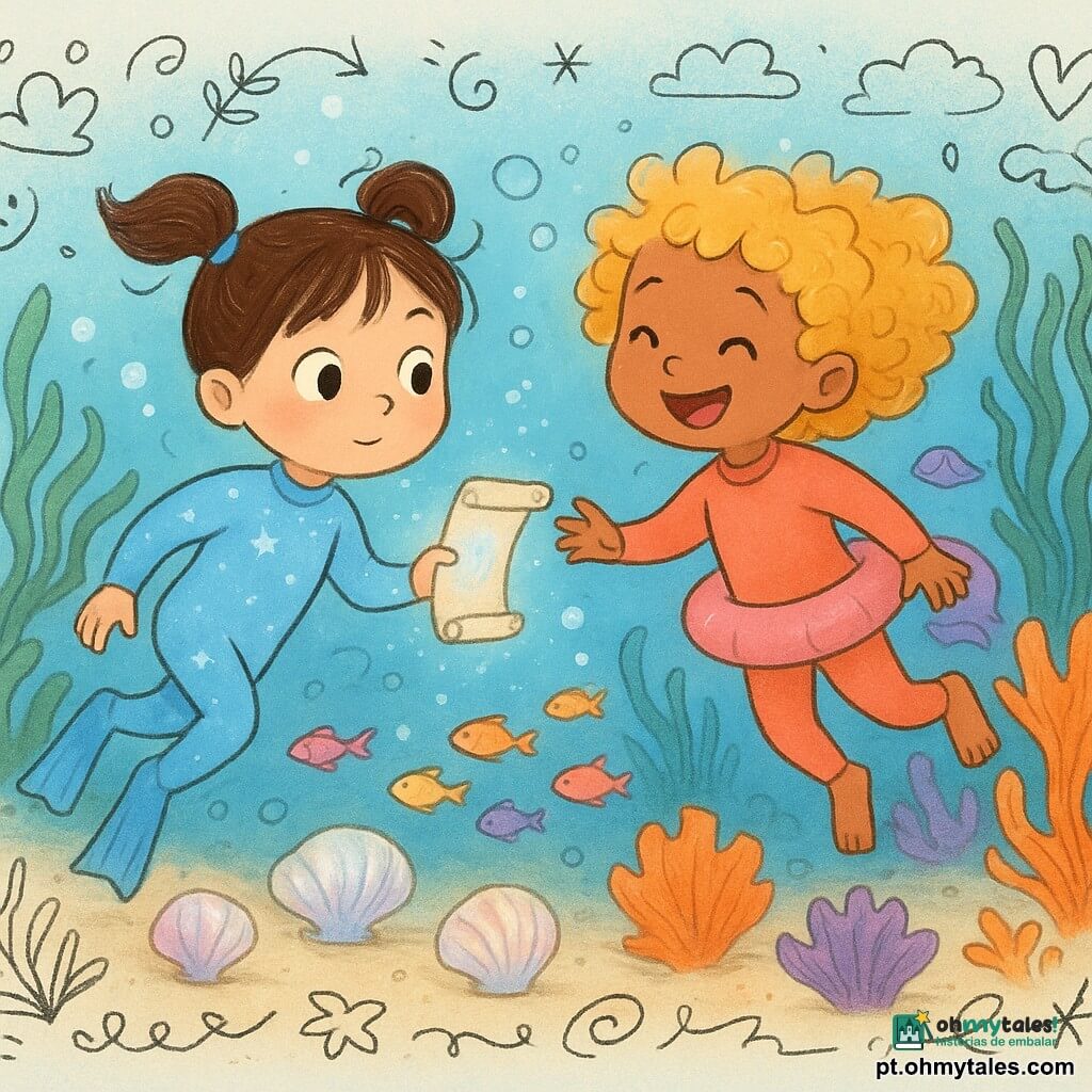 Há duas personagens principais: Luna, 5 anos, pele clara, cabelo castanho em marias‑chiquinhas, olhos curiosos, veste uma roupa de mergulho azul‑claro com pequenas estrelas brancas, segura um pergaminho luminoso na mão direita; e Mia, 5 anos, pele morena, cabelo loiro e encaracolado, olhos risonhos, veste uma roupa de mergulho coral‑rosa com uma boia macia na cintura, seguindo Luna com ar maravilhado. O cenário é um fundo marinho colorido junto ao "Jardim das Conchas Cantoras": areia nacarada, grandes conchas iridescentes que emanam pequenas luzes, corais em leque laranja e roxo, uma floresta de algas verde‑esmeralda ondulante, bolhas prateadas subindo e peixinhos multicoloridos passando. Situação: as duas nadam lado a lado rumo a um círculo de conchas cantoras; o pergaminho de Luna brilha em azul e bolhas formam um caminho luminoso à frente, atmosfera suave, mágica e aventureira.