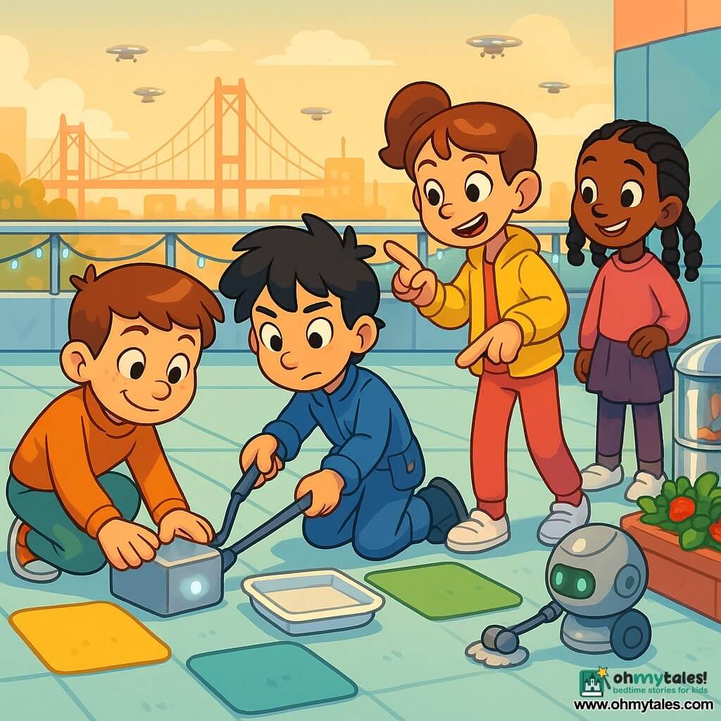 Milo, an 8-year-old boy with a round freckled face and short brown hair, crouches smiling and steadying a small shiny gray sensor box while Jun, also about 8 with messy black hair and a blue outfit, uses a long flexible grabber to place a white plastic tray on it; Lina, an 8-year-old girl with a ponytail and yellow jacket, stands nearby encouraging and pointing, and Suri, an 8-year-old girl with braided black hair, watches the roof edge and the line of bouncy tiles; a small round silver household robot Mop-3 with a green LED quietly vacuums by the railing. The school rooftop is bright with colorful elastic tiles (yellow, blue, green), low strawberry planters, chrome snack kiosks, a low safety fence with a blue LED garland about to light; the sensor box pulses faintly as Jun pulls and Milo stabilizes, Lina guides, Suri supervises, and Mop-3 clears a small debris, all bathed in soft metallic reflections and golden late-afternoon light against an urban sky of suspension bridges and floating drones.