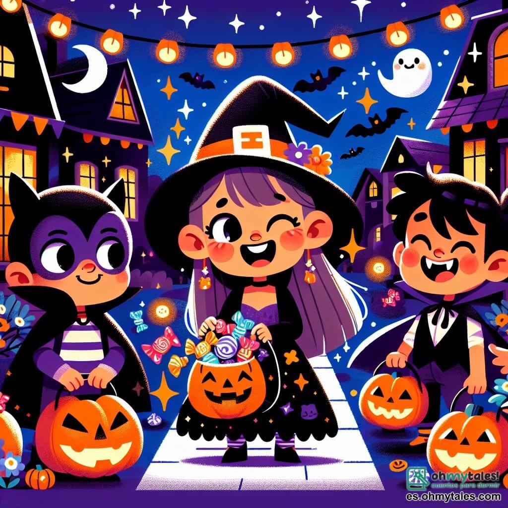 Ilustración de una niña disfrazada de brujita, sonriendo. Lleva un sombrero puntiagudo negro, una capa que flota y sostiene una pequeña bolsa llena de caramelos. A su lado, un niño disfrazado de vampiro, con dientes afilados y una expresión traviesa, mira emocionado los caramelos. Más lejos, otra niña disfrazada de adorable gatita, con orejas de gato y una expresión de asombro, admira las decoraciones de Halloween. El escenario es una calle animada, iluminada por faroles en forma de calabaza, con casas decoradas con telarañas y fantasmas de papel, creando una atmósfera festiva y ligeramente misteriosa. La escena principal muestra a la niña brujita y sus amigos tocando la puerta de una casa decorada, esperando ansiosos que el dueño les abra y les ofrezca caramelos. Elementos gráficos adicionales incluyen estrellas brillantes en el cielo nocturno, hojas de otoño cayendo suavemente y sombras danzantes creadas por las luces de las decoraciones.