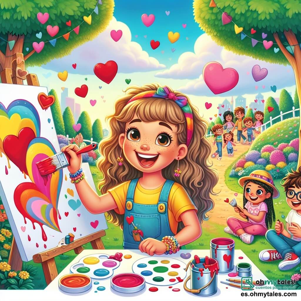 Una niña de 10 años, llamada Sofía, con largos cabellos rizados y una gran sonrisa, está pintando un gran mural colorido en un parque. Lleva una camiseta amarilla brillante y un delantal lleno de manchas de pintura. A su lado, su mejor amigo Lucas, un niño de 10 años con cabello castaño desordenado y gafas, ríe sosteniendo un pincel lleno de pintura roja, listo para agregar corazones al mural. Valeria, una niña de 9 años con trenzas y un sombrero colorido, está sentada en el suelo, dibujando corazones en hojas de papel que planea colgar en el mural. El parque está lleno de vegetación, con maj árboles y flores coloridas. A lo lejos, se ven familias que se reúnen para celebrar el Día de San Valentín, creando un ambiente alegre y festivo. Sofía y sus amigos trabajan juntos para crear un hermoso mural de corazones y colores, simbolizando el amor y la amistad, mientras ríen y se divierten bajo un cielo azul salpicado de nubes blancas.