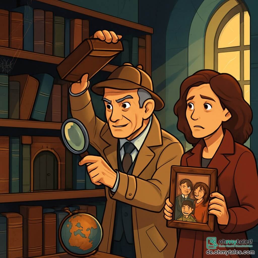 Ein Detektiv namens Kommissar Theodor Schwarz steht in einer alten Bibliothek, umgeben von antiken Büchern. Sein vom Alter gezeichnetes Gesicht, graue Haare und ein beiger Trenchcoat, sowie ein Detektivhut prägen sein Erscheinungsbild. Sein konzentrierter und entschlossener Ausdruck, die intelligent leuchtenden Augen, während er ein altes Buch mit einer Lupe untersucht, sind auffällig. Neben ihm steht eine etwa 40-jährige Frau, Elise Habicht, mit braunen, gewellten Haaren und einem eleganten Mantel. Sie blickt Theodor mit einem Ausdruck von Hoffnung und Besorgnis an und hält ein altes Familienporträt in den Händen. Der Ort ist eine dunkle, geheimnisvolle Bibliothek mit massiven Holzregalen voller staubiger Bücher. Lichtstrahlen dringen durch die Fenster und beleuchten Spinnweben in den Ecken, während ein alter Globus auf einem Holztisch steht. Die Hauptsituation zeigt, wie Theodor ein Geheimnis hinter einem Regal entdeckt, als er ein Buch anhebt, um eine kleine Geheimtür zu enthüllen. Die Atmosphäre ist angespannt und faszinierend, voller Geheimnisse und Abenteuer.