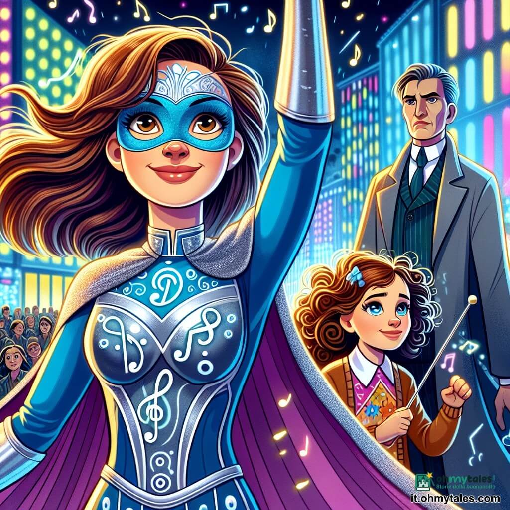 Daria, una donna coraggiosa di circa trent'anni, si trova al centro della scena, con i capelli castani che fluttuano nel vento. Il suo volto esprime una determinazione luminosa, con occhi scintillanti di fiducia. Indossa un costume da supereroe blu e argento, decorato con motivi di note musicali, che simboleggiano il suo potere di creare vibrazioni. Alza una mano, pronta a liberare un'onda sonora magica. Accanto a lei, Maia, una ragazza di dieci anni con capelli ricci e un sorriso radioso, brandisce una piccola bacchetta da direttore d'orchestra, piena di energia e ammirazione per Daria. Sullo sfondo, il Silenziere, un uomo misterioso di quarant'anni, indossa un cappotto grigio e ha il volto coperto da una maschera liscia, apparendo concentrato e un po' preoccupato. La scena si svolge in una grande piazza animata, circondata da edifici futuristici dai colori vivaci, lampioni scintillanti e alberi con foglie luminescenti. Bambini e adulti si radunano intorno, catturati dall'energia vibrante dell'evento. La situazione principale mostra Daria e Maia unite per liberare la musica e sconfiggere il Silenziere, che cerca di far cadere la città nel silenzio, mentre onde sonore si alzano attorno a loro, creando un'atmosfera di magia e speranza.