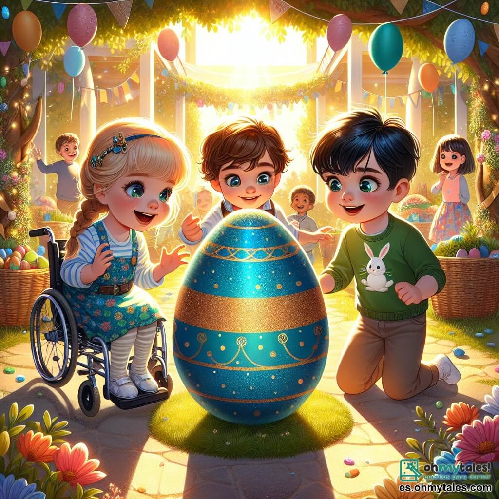 En un jardín soleado, tres niños están reunidos alrededor de un gran huevo de Pascua. Miguel, un niño de cuatro años, está sentado en su silla de ruedas. Tiene el cabello castaño y ojos brillantes. Sonríe con entusiasmo al mirar el huevo. Clara, una niña de cinco años, está al lado de Miguel. Tiene el cabello rubio trenzado y lleva un vestido colorido con motivos de flores. Levanta los brazos en el aire, llena de emoción. Tomás, un niño de seis años, está de pie detrás de Clara. Tiene el cabello negro y lleva una camiseta verde con un pequeño conejo dibujado. Mira el huevo con curiosidad, listo para descubrir lo que esconde. El jardín está decorado con guirnaldas de papel de colores y globos, con flores brillantes que bailan al viento. El huevo gigante, de un azul brillante con puntos dorados, se encuentra en el centro, atrayendo todas las miradas. Los niños están abriendo el huevo misterioso, descubriendo un mensaje secreto en su interior que los lleva a una aventura de Pascua llena de sorpresas y amistad.