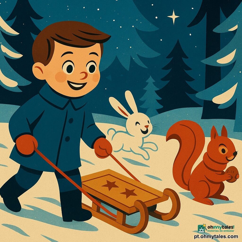 Hugo, um menino de 6 anos com olhos brilhantes e um grande sorriso, puxa um pequeno trenó de madeira decorado com estrelas. Ele veste um casaco azul e luvas vermelhas, avançando com cuidado na neve. Ao seu lado, um coelhinho branco, curioso e travesso, pula alegremente, com as orelhas em pé. Mais adiante, um esquilo com um cachecol vermelho segura uma noz, observando a cena com olhos maliciosos. A cena ocorre em uma floresta nevada, com árvores cobertas de neve cintilante e um céu estrelado ao fundo. A situação principal mostra Hugo concentrado e feliz, puxando o trenó com cuidado em um caminho nevado, cercado por seus amigos animais.