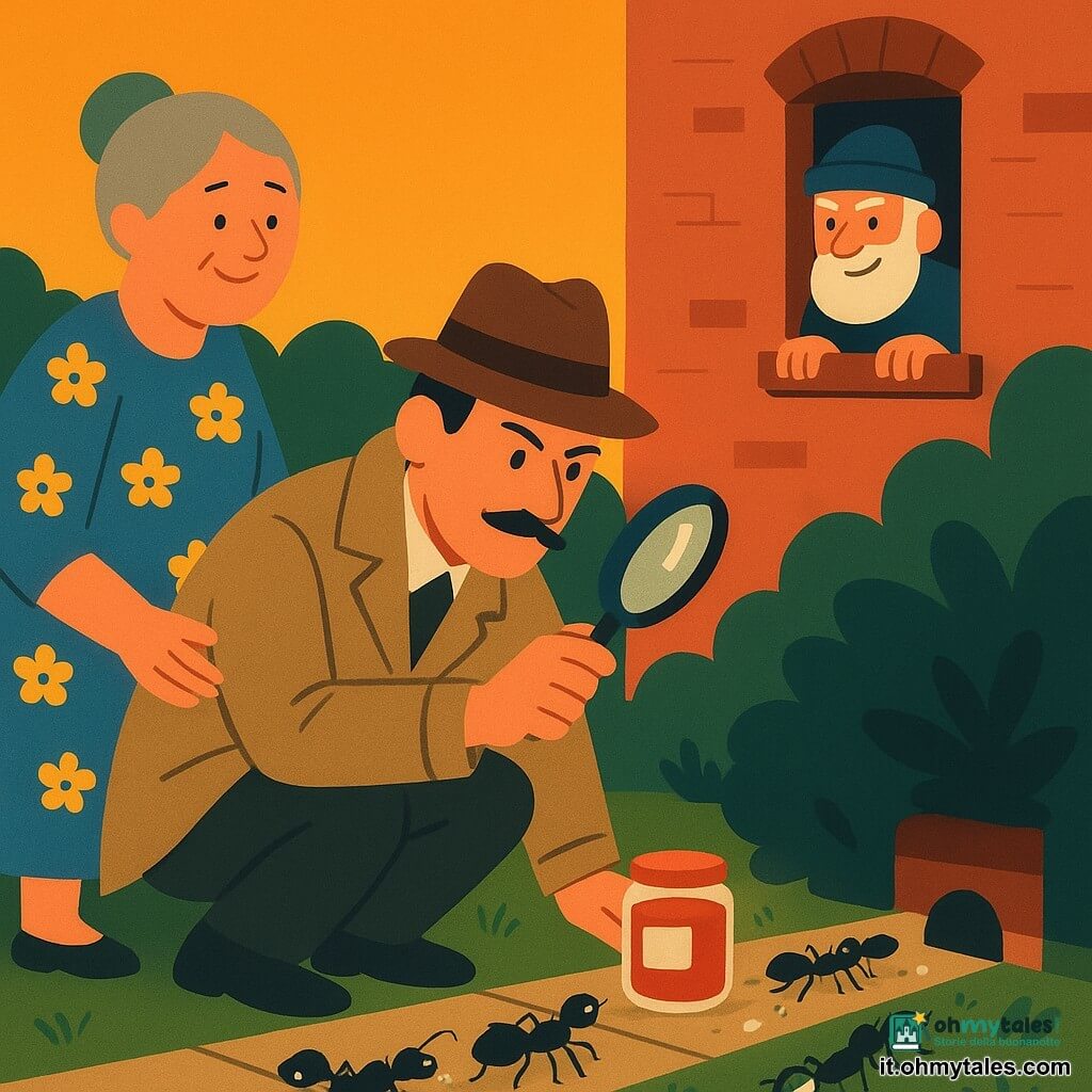 Un detective, Marco Rossi, concentrato e malizioso, con sottile baffo, cappello di feltro marrone e cappotto beige leggermente sgualcito, accucciato dietro un cespuglio con una lente brillante vicino a un vasetto di marmellata; la signora Bianchi, circa 60 anni, viso rotondo e sorridente, capelli grigi raccolti, vestito a fiori, in piedi a sinistra sollevata che mostra il vasetto su una lastra di giardino; un vicino anziano di circa 75 anni, con barba bianca e berretto di lana, osserva dalla finestra del primo piano con le mani sul davanzale, espressione complice; ambientazione: piccolo giardino di periferia al crepuscolo, siepi scure stilizzate, casa di mattoni rossi con finestra aperta e una fessura nel muro, lastre di pietra e vialetto ghiaioso; scena: una fila di enormi formiche nere lucide trasporta piccoli oggetti scintillanti verso la fessura mentre il detective e la signora le osservano nascosti, piena di movimento, contrasti netti e colori piatti.