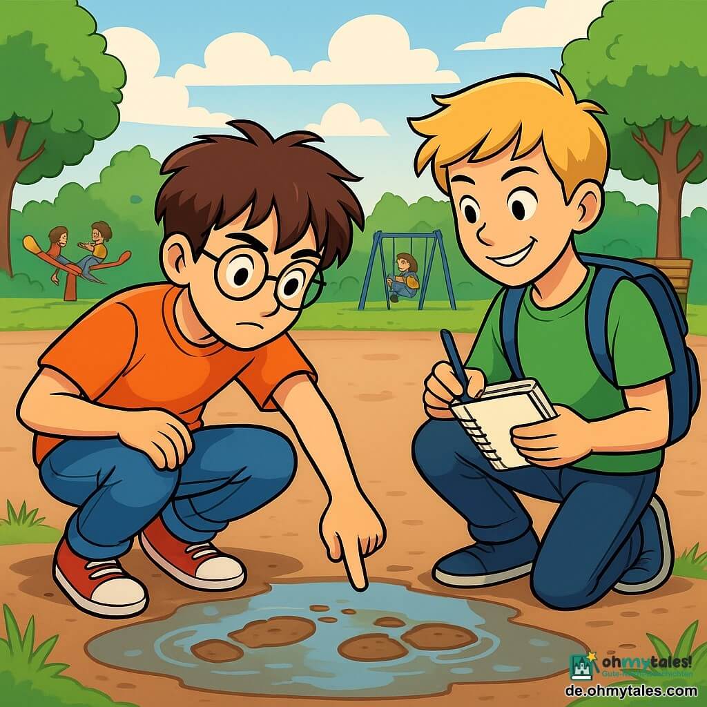 Ein 12-jähriger Junge mit zerzausten braunen Haaren und runden Brillen hockt neben einer großen Wasserpfütze auf dem Pausenhof. Sein Gesichtsausdruck ist konzentriert und entschlossen, seine Augen leuchten vor Aufregung, während er Fußabdrücke im Schlamm untersucht. Neben ihm steht sein bester Freund, ebenfalls 12 Jahre alt, mit blonden Haaren und einem schelmischen Lächeln, der ein Notizbuch hält und aufmerksam zuschaut, bereit, ihm bei seiner Untersuchung zu helfen. Im Hintergrund ist der Pausenhof mit Spielgeräten, grünen Bäumen und Holzbänken gefüllt, während ein bewölkter Himmel einige Sonnenstrahlen durchlässt. Die Hauptsituation zeigt den Jungen, der geheimnisvolle Hinweise in der Pfütze entdeckt, umgeben von einer Atmosphäre von Abenteuer und Neugier.