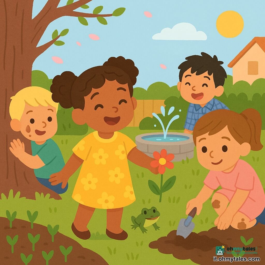 Ci sono quattro bambini, tutti di 4 anni: Amina al centro con pelle olivastra, capelli ricci castani legati in due codine, vestito giallo a fiori, tende la mano verso un fiore sorridendo; Luca a sinistra con capelli corti biondi, macchia di cioccolato sulla guancia e maglietta verde, tocca la base di un grande albero guardando le gemme; Sofia a destra con capelli lisci castano chiaro in coda, vestito rosa pallido e ginocchia sporche, accovacciata scava la terra con una piccola zappetta; Marco dietro capelli neri scompigliati e camicia a quadri blu, occhi ridenti, piegato verso una piccola rana verde che salta vicino; ambientazione: giardino di casa in primavera con prato verde, piccolo orto a terra scura e file di germogli chiaro, un grande albero dal tronco rugoso con gemme, una fontana circolare di pietra con schizzi brillanti, petali di ciliegio rosa nell'aria, cielo azzurro pallido e sole tiepido; situazione: i quattro esplorano la natura insieme—toccano gemme, scavano la terra, osservano la rana e raccolgono fiori—atmosfera gioiosa, colori vivaci, forme arrotondate e luce dorata di fine mattina.