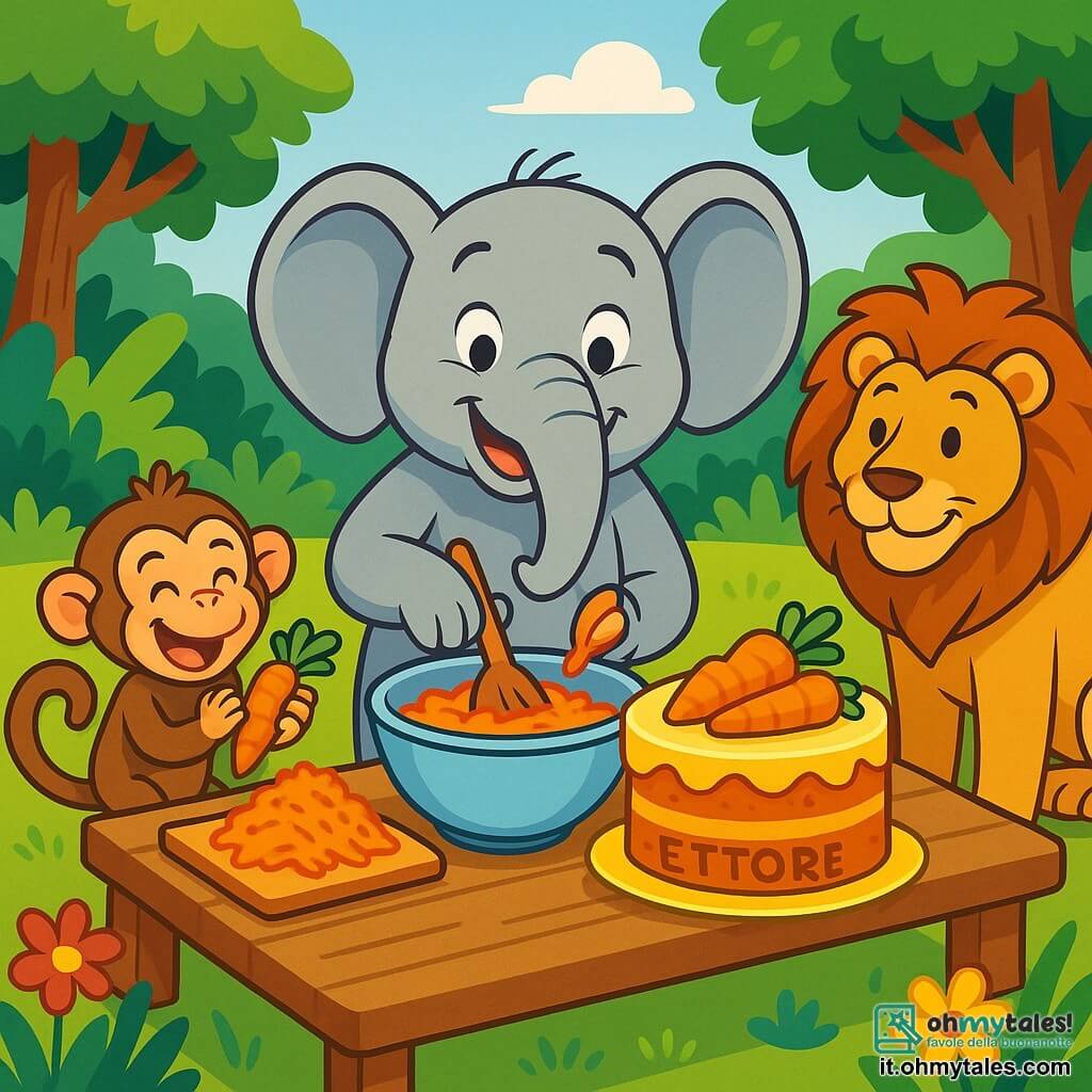 Un elefante gioioso di nome Ettore, con la pelle grigia lucente e grandi orecchie dai contorni morbidi, sta preparando una enorme torta di carote in una cucina all'aperto. Ha un grande sorriso sul viso e gli occhi brillanti di eccitazione. Accanto a lui, una piccola scimmia birichina, con il pelo marrone e occhi vivaci, lo aiuta battendo le mani e ridendo, mentre un maestoso leone, con una criniera dorata sfavillante, osserva con aria ammirata. La scena si svolge in una radura soleggiata della giungla, circondata da alberi verdi lussureggianti e fiori colorati che aggiungono vita all'ambiente. Ettore, con la sua proboscide, mescola gli ingredienti in una grande ciotola, mentre la scimmia gli passa carote grattugiate, creando un'atmosfera gioiosa e amichevole.