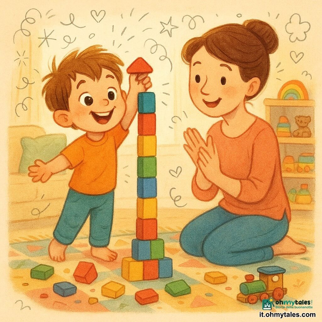 Bambino di 4 anni dal viso rotondo e capelli castano chiaro spettinati, occhi grandi e sorriso trionfante mentre posa l’ultimo blocco rosso su una torre alta di mattoncini rossi, blu, gialli e verdi; la madre di circa 30 anni, capelli castani raccolti, occhi teneri, seduta sul tappeto multicolore vicino a lui, sorride e applaude con una mano sulle ginocchia; salotto luminoso con finestra e tenda leggera, scaffale basso pieno di giocattoli, alcuni blocchi caduti e un trenino di legno accanto; atmosfera gioiosa e rassicurante, colori pastello vivaci, texture morbide, composizione centrata, profondità ridotta e stile infantile con tratti arrotondati e contorni leggermente scarabocchiati.