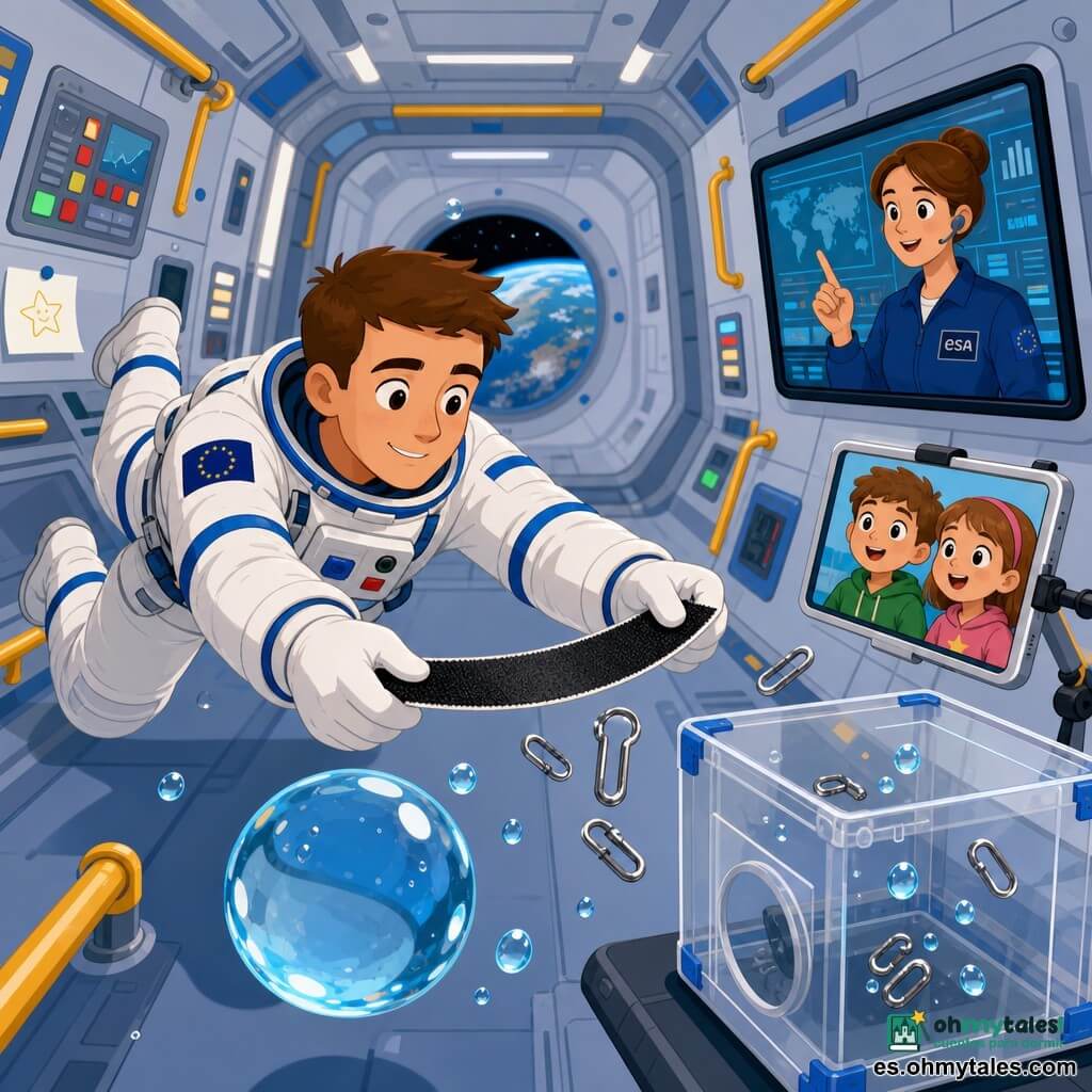 Un astronauta de unos 30 años, sonriente y concentrado, pelo corto castaño, traje espacial blanco con franjas azules, flota en microgravedad extendiendo una amplia tira de velcro para atrapar pequeños clips metálicos con gestos calmados y precisos; detrás aparece en una pantalla rectangular una ingeniera de unos 35 años, rostro cálido y pelo recogido en moño, sonriendo y señalando como dando instrucciones desde el centro de control; en una pequeña tableta suspendida se ven un niño de unos 9 años y una niña de 8, con caras maravilladas mirando desde la Tierra; el módulo espacial es un pasillo ancho de paredes grises con paneles de color, pasamanos amarillos, etiquetas y compartimentos cerrados, luz suave y escotillas redondas que muestran la Tierra azul; en primer plano flota una esfera de agua perfectamente redonda cerca de una caja de laboratorio transparente, gotas brillantes que reflejan la luz y algunos clips metálicos flotando antes de ser capturados por el velcro; la escena transmite una atmósfera de asombro tranquila, técnica y segura, con colores vivos, contornos nítidos y formas simples aptas para niños.