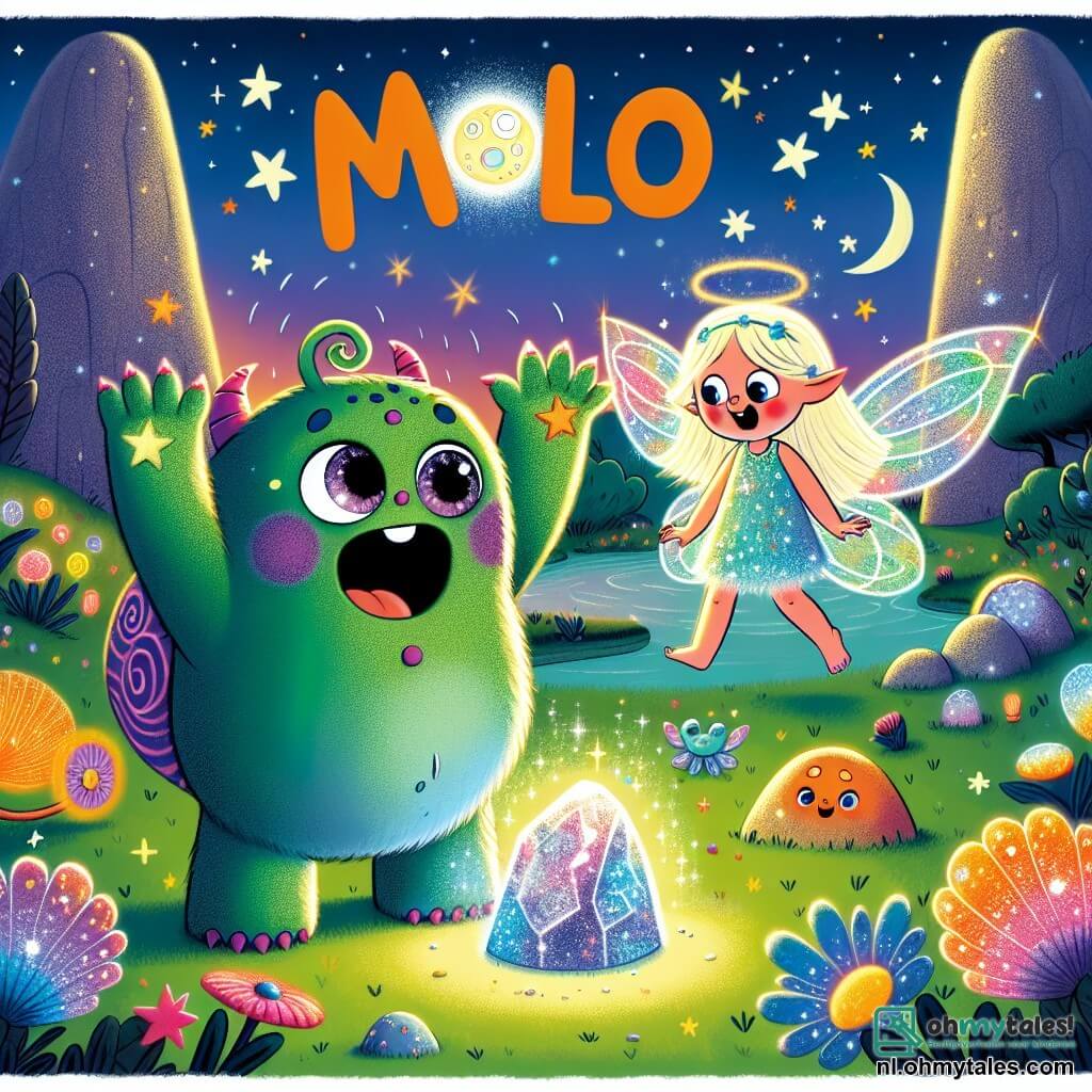 Molo, een schattig klein monster, staat in het midden van de afbeelding. Hij heeft donkergroene huid met paarse vlekken, grote ogen die schitteren als sterren en een spiraalvormige staart. Hij heeft een blije en opgewonden uitdrukking, met zijn armen in de lucht terwijl hij de magie van de sterren ontdekt. Naast hem zweeft Luma, de Lichtenfee, een kleine, stralende fee met glinsterende vleugels en een jurk van bloemblaadjes. Ze glimlacht enthousiast, zwevend net boven de grond, met sprankelende ogen vol magie. De achtergrond is een betoverde vallei, vol kleurrijke bloemen die stralen onder het sterrenlicht. Grote glinsterende rotsen omringen de scène, en een nachtelijke hemel vol dansende sterren verlicht de omgeving. Molo en Luma ontdekken de mysterieuze Sterrensteen, een schitterende steen in het midden van de vallei, terwijl sterren uit de lucht beginnen te vallen, waardoor de lucht gevuld wordt met licht en magie.
