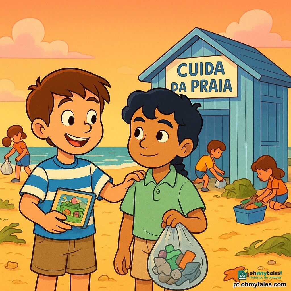 Dois meninos de cerca de 9 anos lado a lado em frente a uma pequena ludoteca de madeira azul e branca numa praia ao fim da tarde: à esquerda um menino de cabelos castanhos curtos, camiseta às riscas azul e branca, calções cáqui, sorridente e tagarela, segurando um pequeno jogo de tabuleiro limpo; à direita um menino de cabelos pretos ondulados com uma trança discreta atrás da orelha, polo verde-claro e bermuda bege, calmo e atento, com uma mão no ombro do amigo e a outra segurando um saco com lixo separado; eles acabam de limpar a praia e afixam uma grande placa pintada com uma tartaruga sorridente e o texto "Cuida da Praia"; ao redor, crianças recolhem lixo e há uma caixa com jogos organizados; ambiente luminoso e acolhedor, cores saturadas, com detalhes visíveis como grãos de areia, pegadas e pequenas bolhas na água.