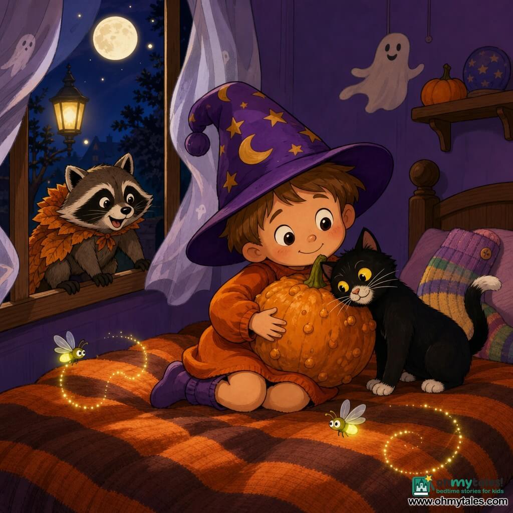 A small smiling 4-year-old boy with bright round eyes wears a funny purple wizard hat and an orange sweater-dress, tenderly cradling a round bumpy pumpkin; a black cat with white paws and big yellow eyes sits on the bed rubbing its head against the pumpkin and purring; a mischievous raccoon with a leaf cape perches on the windowsill peeking in; two yellow-green fireflies circle above the bed leaving sparkling trails; the cozy bedroom has soft purple walls, an orange-and-brown striped wool blanket, a cushion made of folded socks, ghostlike white curtains and a yellow porch light outside; scene: a gentle magical Halloween night with silver moonlight through the window, warm colors, soft contrasts, in a simple 1990s cartoon style.