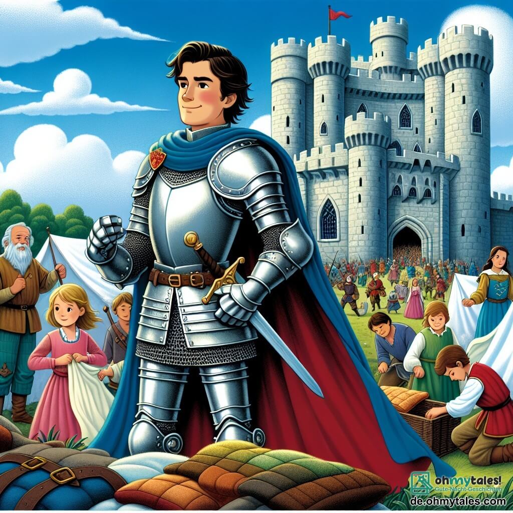 Sir Felix, ein mutiger Ritter, steht auf den Mauern einer großen Steinburg, gekleidet in glänzende Rüstung, die in der Sonne funkelt. Sein Gesicht ist entschlossen und er lächelt stolz, während er mit einer Hand ein Schwert hält und die andere hebt, um die Dorfbewohner unten zu ermutigen. Neben ihm steht ein etwa 10-jähriges Mädchen namens Clara, das ein einfaches Kleid und einen bunten Schal trägt. Sie sammelt Kissen und Decken, um sie auf die Eindringlinge zu werfen, ihr Gesicht ist konzentriert und voller Begeisterung. Unten arbeitet eine Gruppe von Dorfbewohnern, Männer und Frauen unterschiedlichen Alters, daran, die Türen der Burg zu verstärken. Alle sind vereint und zeigen ihre Entschlossenheit, ihr Zuhause zu verteidigen. Die Burg ist majestätisch, mit hohen Türmen und dicken Mauern, umgeben von einer grünen Landschaft. Der Himmel ist blau, mit weißen Wolken, und die Atmosphäre ist sowohl angespannt als auch voller Hoffnung. Die Hauptsituation zeigt Sir Felix und Clara, die sich auf die Verteidigung der Burg gegen eine heranrückende feindliche Armee vorbereiten, mit Ausdrücken von Tapferkeit und Solidarität auf ihren Gesichtern.