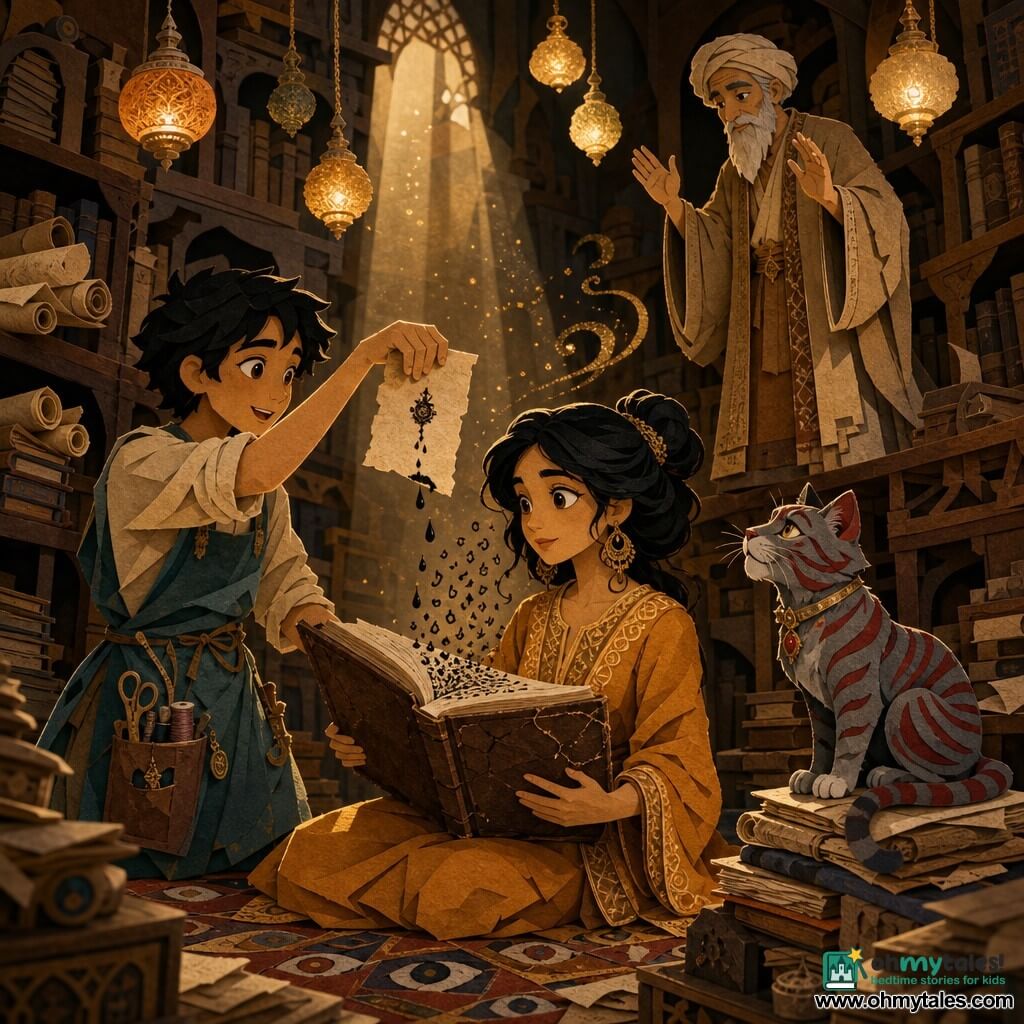 Adult woman Layla, with a soft concentrated face, determined bright eyes and black hair in an imperfect bun, wears an ochre embroidered dress and holds a cracked leather book open to her chest; Mina, about 18, lively and mischievous with short tousled hair and a teal-blue apron with sewing pockets, stands beside her offering a small parchment toward the book; the Guardian, about 60, thin, in a tea-colored robe with a fine beard and marked brows, watches from a shelf platform with hands raised as if blessing; Sultan, a small gray-and-ginger tabby, sits on a stack of manuscripts to Layla's right watching the floating sheet; setting: a vast library of dark wooden shelves, glass lamps like mini-suns, piles of parchments, golden dust motes and a Persian rug; main moment: magic ink drops fall from the parchment, become letters that fill the last page of the book, warm beams of light, crisp visuals, layered textures and soft shadows.