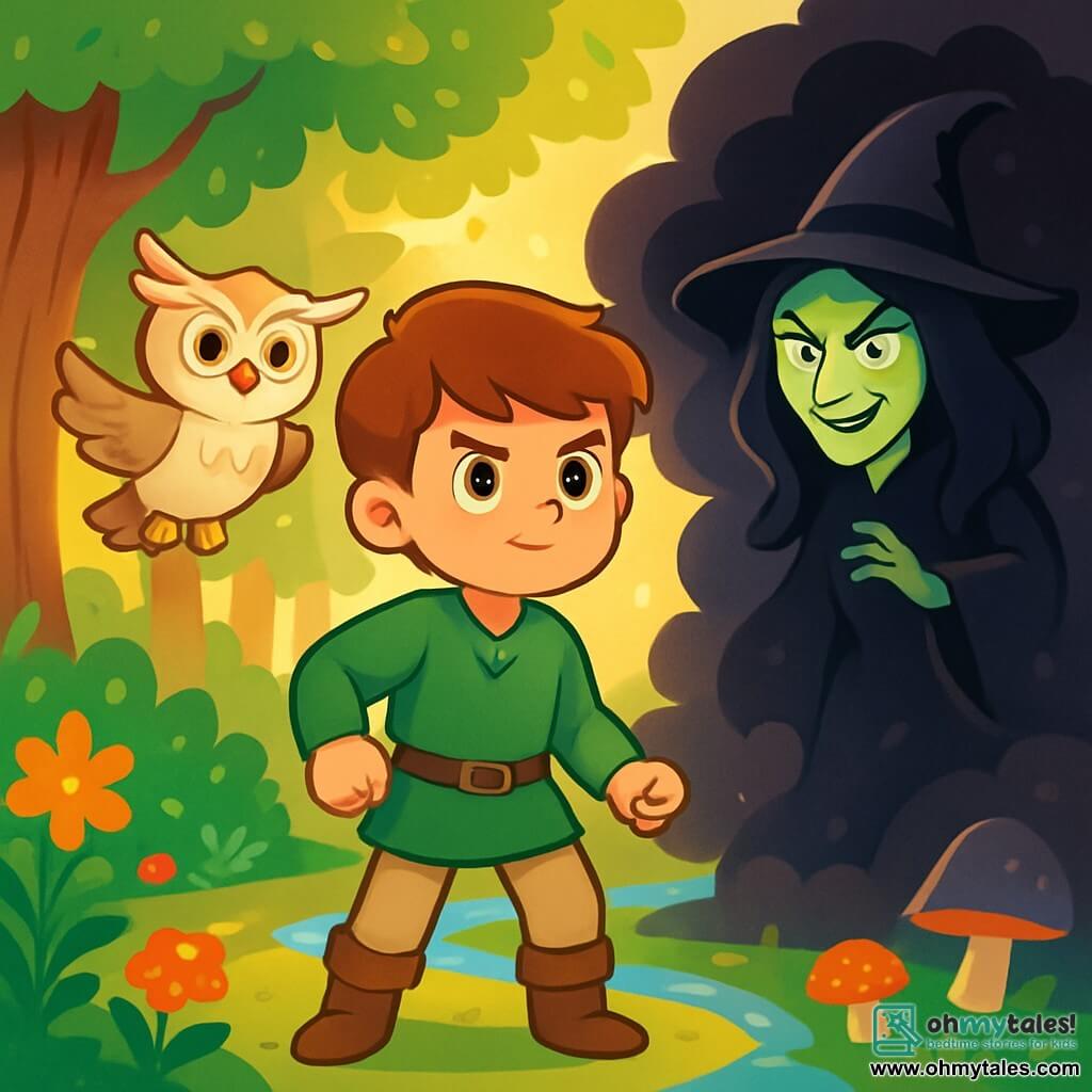 A young boy named Lucas, about 12 years old, stands bravely at the center of the scene. He has brown hair, sparkling determined eyes, and wears a green tunic with beige canvas pants. His face shows courage and kindness as he looks straight ahead, ready to defend the forest. Beside him, a wise owl with white feathers and star-like bright eyes floats in the air, appearing calm and protective, watching Lucas closely and ready to offer advice. In the background, the enchanted forest stretches majestically, with thick-trunked trees and shimmering leaves illuminated by golden sunlight. Colorful flowers and oddly shaped mushrooms dot the ground, while a crystal-clear stream winds through the landscape, singing softly. The main situation shows Lucas facing an evil witch, Morgana, who appears in a cloud of darkness. She is dressed in a flowing black robe, with cold eyes and a sinister smile. Determined to protect the magic of the forest, Lucas stands firm, ready to confront danger.