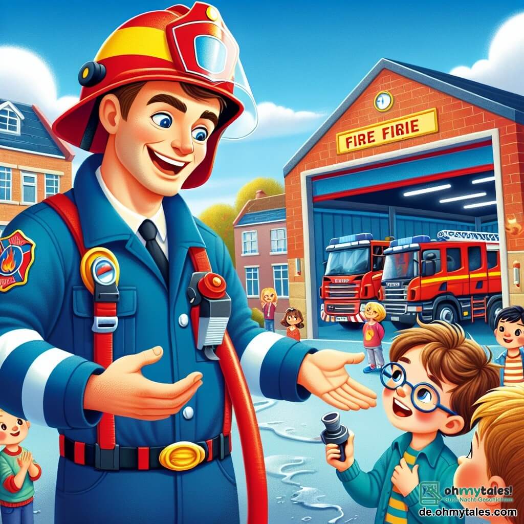Ein Feuerwehrmann, ein großer und muskulöser Mann mit einem warmen Lächeln, trägt eine leuchtend blaue Uniform und einen glänzenden roten Helm. Er zeigt den Kindern einen Feuerwehrschlauch, mit funkelnden Augen voller Begeisterung und Stolz. Neben ihm steht ein zehnjähriger Junge namens Tim, mit zerzausten braunen Haaren und einer Brille, der den Feuerwehrmann bewundernd ansieht und ein kleines Schild „Danke, Feuerwehrmann!“ in den Händen hält. Im Hintergrund steht eine bunte Feuerwehrstation mit geparkten roten Fahrzeugen und Feuerwehrwerkzeugen an den Wänden unter einem strahlend blauen Himmel. Die Szene zeigt den Feuerwehrmann, der seine Leidenschaft für seinen Beruf mit den Kindern teilt, die alle um ihn versammelt sind und von seinen Geschichten und Demonstrationen fasziniert sind.