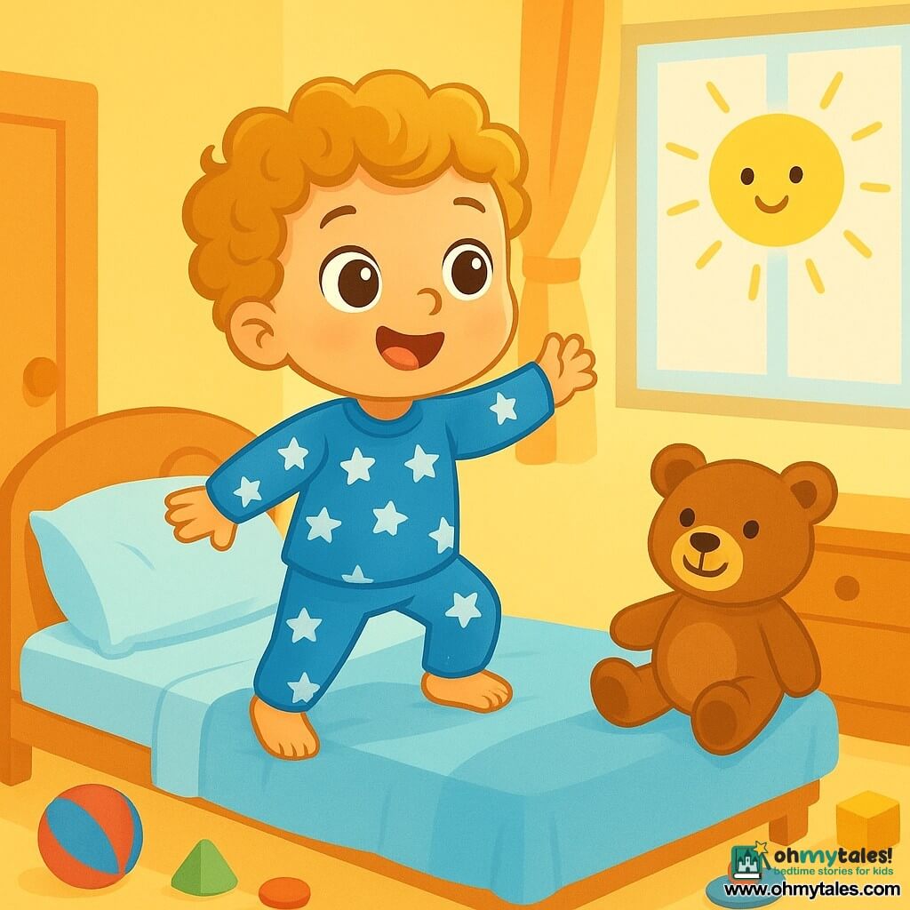 A 2-year-old boy with curly golden hair and sparkling curious eyes stands on his bed. He wears a blue pajama with white stars and smiles enthusiastically, ready for adventure. Beside him, his teddy bear, Mr. Bear, is a brown plush bear with a warm smile and bright eyes, seemingly encouraging the boy to explore. The scene takes place in a bright room with pastel yellow walls, colorful toys scattered on the floor, and a big sun shining through the window, filling the room with soft golden light. The little boy looks around, intrigued by mysterious sounds he hears. He is about to jump off his bed to discover what lies behind the door, with a joyful and excited expression on his face.
