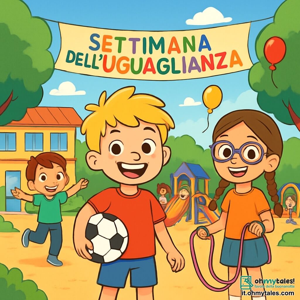Un ragazzo di 8 anni, Mattia, con capelli biondi arruffati e occhi scintillanti di gioia, si trova al centro di un cortile scolastico soleggiato, con un grande sorriso sul volto. Indossa una maglietta rossa e un pantaloncino blu, tenendo un pallone da calcio sotto un braccio. Accanto a lui, Chiara, una ragazza di 8 anni con capelli castani intrecciati e occhiali, sorride mentre tiene una corda per saltare colorata, pronta a giocare. Un po' più in là, Luca, un ragazzo di 8 anni con capelli castani e occhi curiosi, balla felicemente, vestito con una maglietta verde e pantaloni neri. Il cortile è pieno di giochi colorati, con bambini che ridono e si divertono. Gli alberi verdi circondano il campo e palloni fluttuano nel cielo blu. Sullo sfondo si intravede un grande striscione che dice "Settimana dell'Uguaglianza" in lettere gioiose. La scena mostra Mattia che incoraggia i suoi amici a giocare insieme, rompendo gli stereotipi di genere, mentre gli altri bambini si divertono intorno a loro, creando un'atmosfera di gioia e inclusione.