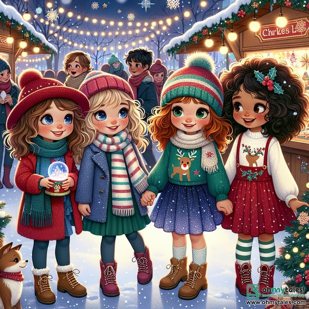 In a magical Christmas market, four seven-year-old girls stand together, their faces illuminated by the moment's magic. Mia, with curly brown hair, wears a bright red hat and a striped scarf, smiling while holding a large glittering snow globe. Lucy, with blonde hair and round glasses, is dressed in a blue coat and a sequined skirt, gazing in wonder at the decorations around her. Chloe, with smooth chestnut hair, wears a green sweater with a reindeer pattern, laughing while holding hands with Emma, who has black curly hair, a red dress, and a wool hat. Emma, a bit shy, points at a shining star hanging on a tree. The Christmas market is filled with colorful stalls adorned with lights and sparkling snowflakes. Children joyfully skate on an ice rink, while the scents of hot chocolate and gingerbread cookies fill the air. The four friends are exploring the "Generation Tree" stand, where they write Christmas wishes on colorful cards, ready to hang them on a sparkling tree, symbolizing generosity and the spirit of Christmas.