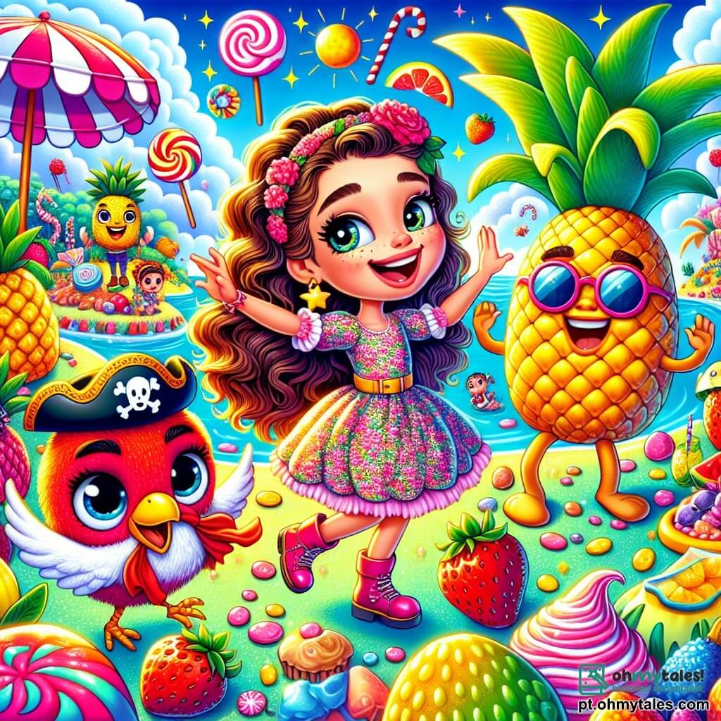 Uma menina de 10 anos, chamada Lila, com longos cabelos cacheados e olhos brilhantes de curiosidade, dança alegremente em uma ilha colorida, cercada por frutas gigantes. Ela usa um vestido florido e tem um grande sorriso no rosto, mostrando sua empolgação. Ao seu lado, um pequeno galo com um chapéu de pirata, o Capitão Cocorico, bate as asas e ri, acrescentando à atmosfera festiva. Um abacaxi em vestido rosa, chamado Abacaxi Rita, dança girando, enquanto um morango com óculos de sol, o Morango Mago, observa a cena com uma expressão surpresa. O local é uma ilha encantada feita de doces e frutas gigantes, com palmeiras de marshmallow e um céu azul brilhante, salpicado de nuvens em forma de algodão doce. A cena principal mostra Lila e seus amigos frutas dançando juntos, celebrando uma competição de dança alegre, enquanto uma banana disfarçada de ninja se aproxima furtivamente, pronta para roubar frutas.