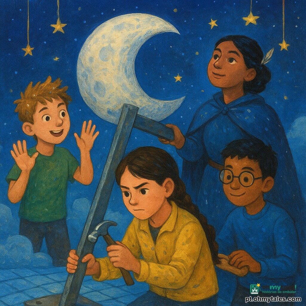 Quatro personagens: Rita, cerca de 12 anos, trança castanha, jaqueta amarela suja, concentrada, ajoelhada junto a um grande suporte metálico inclinado segurando um prego prateado; Tomás, cerca de 11 anos, cabelo espetado, camiseta verde, expressão travessa, em pé à esquerda com poeira lunar brilhante na cabeça, mãos levantadas pronto para ajudar; Leo, cerca de 12 anos, cabelo curto preto, óculos redondos, suéter azul, sorriso tímido à direita, enfiando com cuidado um calço de madeira na fenda do suporte; e a Mestre Selene, adulta e baixa, capa azul manchada de giz, cinturão de ferramentas e pena no cabelo, atrás das crianças segurando um pequeno sino prateado e observando a lua com autoridade suave. Local: um “telhado do céu” com chão de azulejos de nuvem brilhantes, ganchos de estrelas num fundo azul-escuro pontilhado de astros, escadas de nuvem macia e a lua muito próxima apoiada num grande suporte metálico gasto. Situação: as crianças e a Mestre Selene consertam o suporte da lua numa cena dinâmica iluminada por luz lunar prateada, com poeira cintilante no ar, rostos determinados e divertidos e movimento nas roupas e cabelos, equilibrando seriedade e humor.