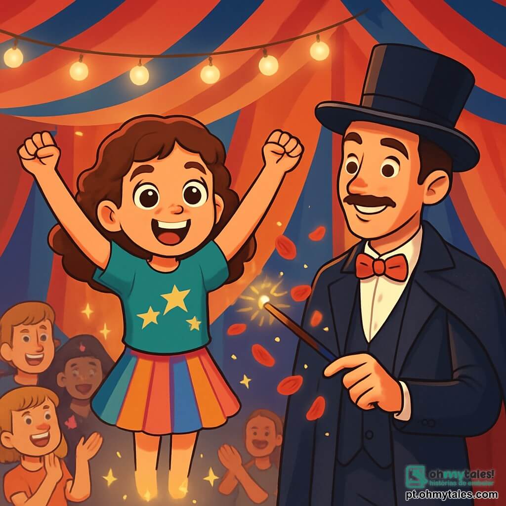 Uma menina de 12 anos, Clarinha, com grandes olhos brilhantes e cabelos castanhos cacheados, está no palco, radiante de alegria e excitação. Ela usa uma camiseta com estrelas cintilantes e uma saia colorida, com os braços levantados em sinal de triunfo, como se tivesse acabado de realizar um incrível truque de mágica. Ao seu lado, um homem de sorriso caloroso, o mágico, com cerca de 40 anos, usando um chapéu alto preto e uma capa brilhante, a observa com orgulho, pronto para ajudar. Ele segura uma varinha mágica, cercada por pétalas de rosas que flutuam no ar. O cenário é uma grande tenda de circo, adornada com cores vivas: vermelho, azul e dourado, com luzes brilhantes que iluminam o palco. Ao fundo, espectadores maravilhados aplaudem, com rostos radiantes de admiração. A cena principal mostra Clarinha, em plena performance, flutuando levemente acima do chão, cercada de magia e mistério, enquanto o público aplaude entusiasticamente, criando uma atmosfera de alegria e encantamento.