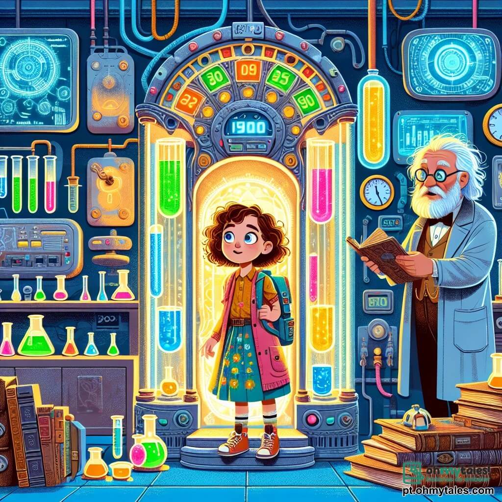 Em primeiro plano, uma menina de 12 anos, Sofia, com cabelos cacheados e olhos brilhantes de curiosidade, está diante de uma máquina do tempo. Ela usa um vestido colorido e uma mochila cheia de livros, seu rosto irradiando excitação e apreensão. Ao lado dela, o Dr. Vicente, um homem de cerca de 60 anos, com cabelos brancos bagunçados e grandes óculos, observa Sofia com um sorriso encorajador, segurando um quadro cheio de esquemas científicos. A cena acontece em um laboratório de ciências iluminado, repleto de tubos de ensaio coloridos, livros antigos e telas exibindo gráficos futuristas. Luzes piscam ao redor da máquina do tempo, que se parece com uma cabine telefônica vintage, decorada com botões e mostradores misteriosos. Sofia, pronta para ativar a máquina, está diante do painel de controle, enquanto o Dr. Vicente lhe explica as etapas da experiência, criando uma atmosfera de antecipação e magia.