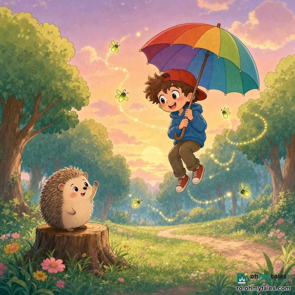 Un băiat de 10 ani, vesel și uimit, păr șaten zburlit, ochi mari și luminoși, poartă o șapcă roșie și un pulover albastru; ține o umbrelă mare curcubeu care îl ridică ușor și zâmbește privind în jos. Un arici pe nume Gică, mic și rotund, cu ghimpi crem moi și expresie ștrengărească, stă pe o buturugă în stânga jos și îi face cu laba. Un grup de licurici galbeni și verzi, mici sfere luminoase, dansează în jurul băiatului lăsând dâre sclipitoare. Scena are loc deasupra unei poieni dintr-o pădure caldă cu flori sălbatice roz și galbene, iarbă verde și un potec sinuos; cer la apus în tonuri portocalii și violet pal. Situația principală: băiatul plutește deasupra copacilor pe umbrela curcubeu, înconjurat de licurici, iar Gică îl încurajează de jos; atmosferă blândă, amuzantă și liniștitoare, culori pastel clare, compoziție simplă și forme rotunde.